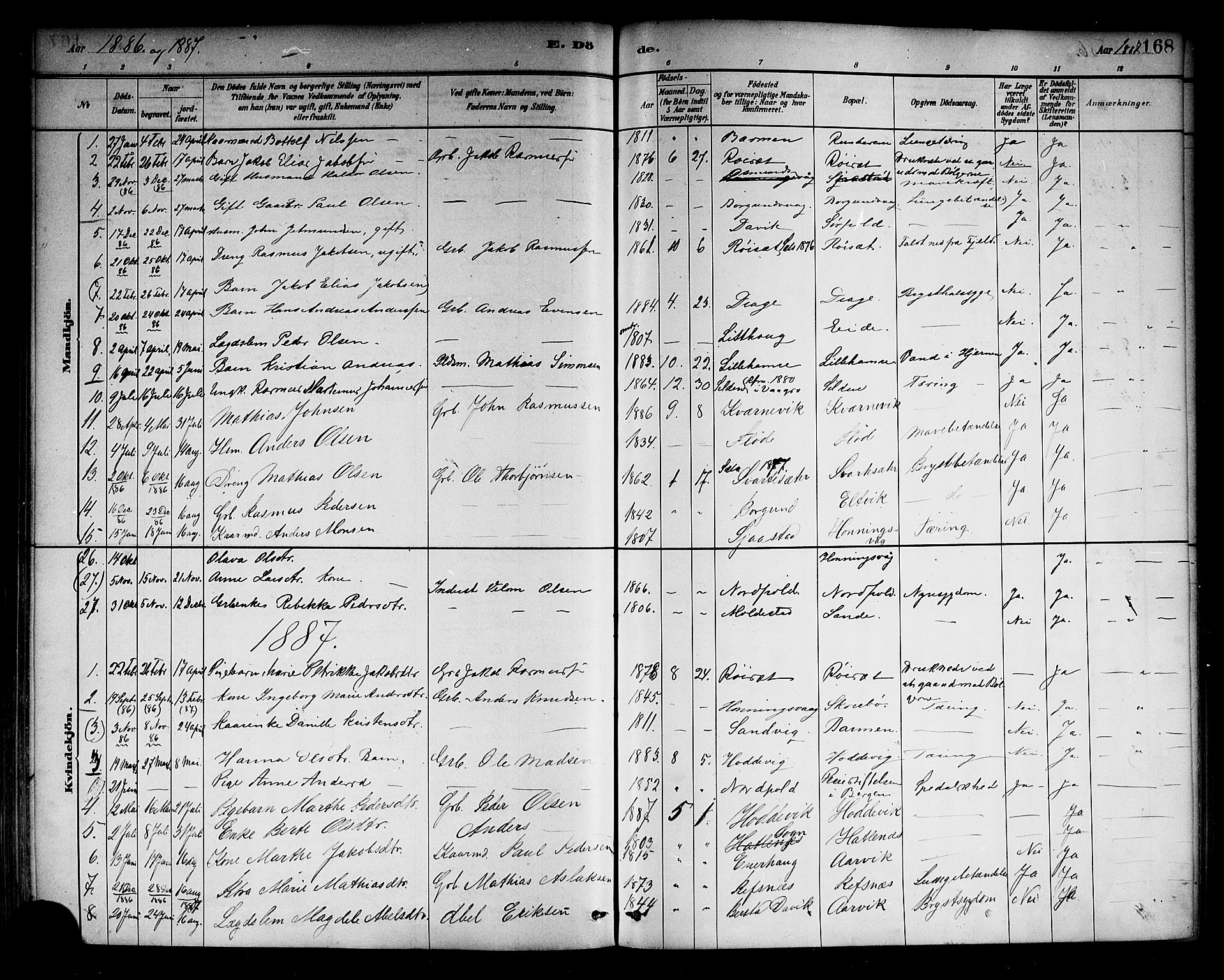 Selje sokneprestembete, AV/SAB-A-99938/H/Ha/Haa/Haab: Parish register (official) no. B 1, 1881-1890, p. 168