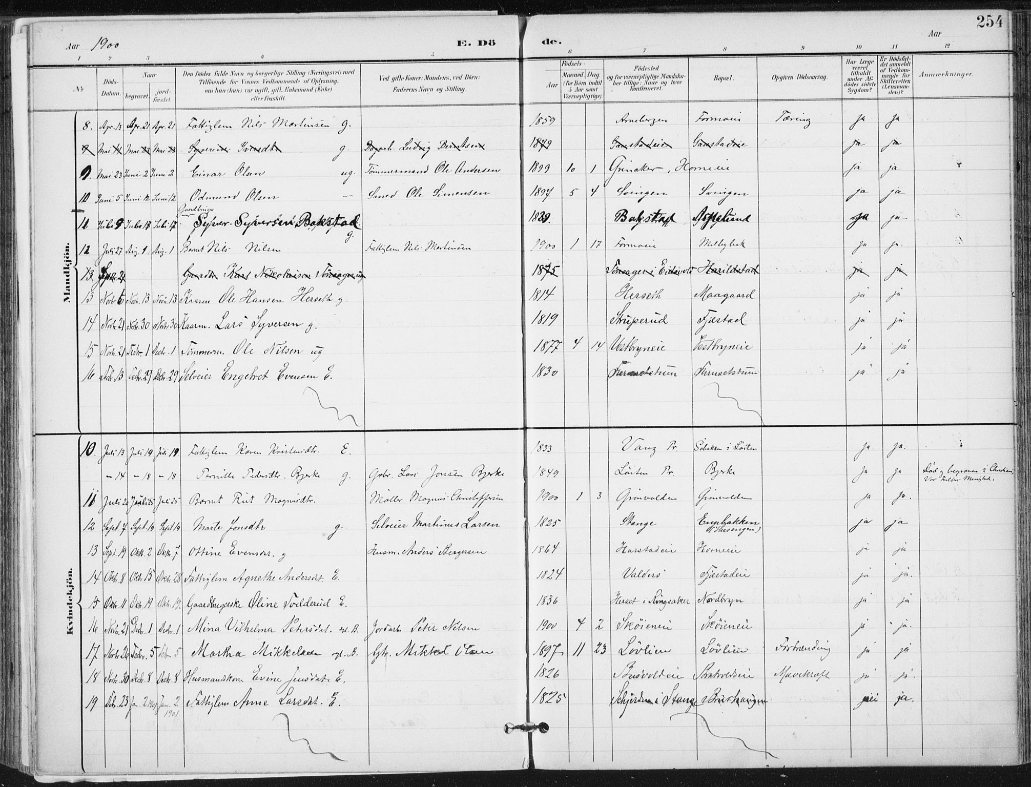 Romedal prestekontor, AV/SAH-PREST-004/K/L0011: Parish register (official) no. 11, 1896-1912, p. 254