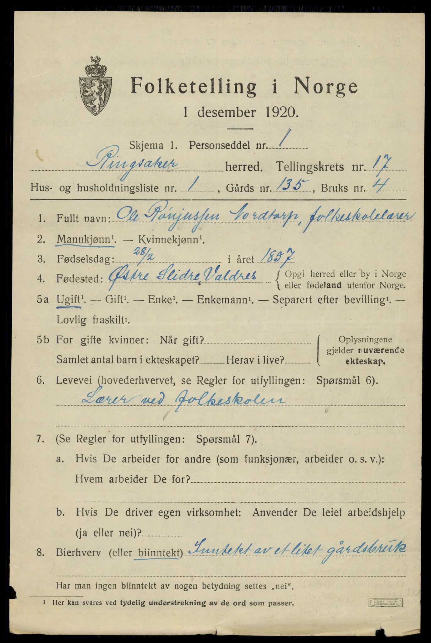 SAH, 1920 census for Ringsaker, 1920, p. 23654