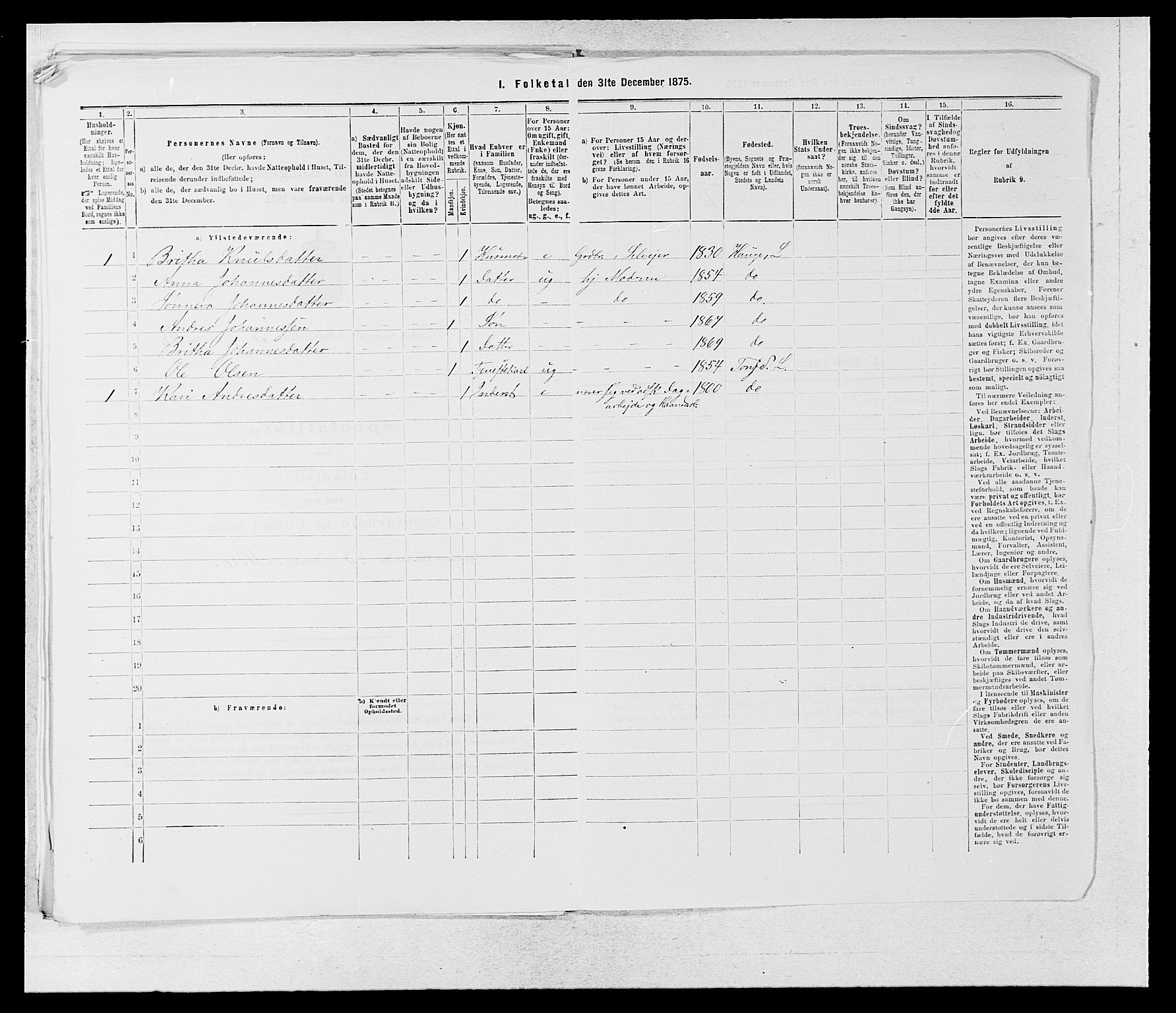 SAB, 1875 census for 1422P Lærdal, 1875, p. 486