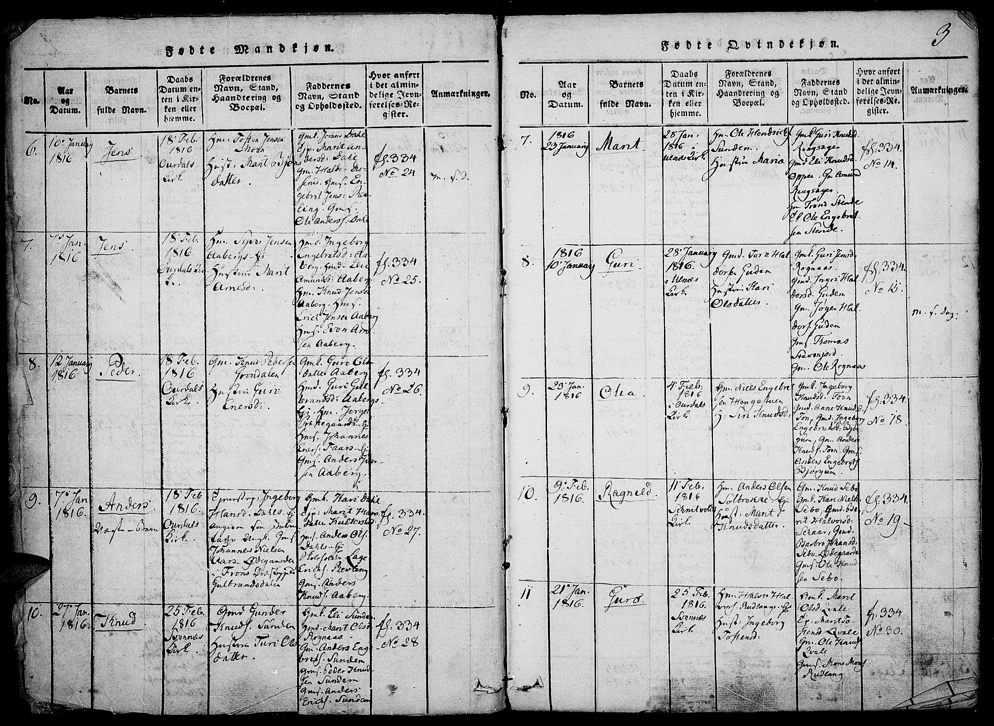 Nord-Aurdal prestekontor, SAH/PREST-132/H/Ha/Haa/L0002: Parish register (official) no. 2, 1816-1828, p. 3