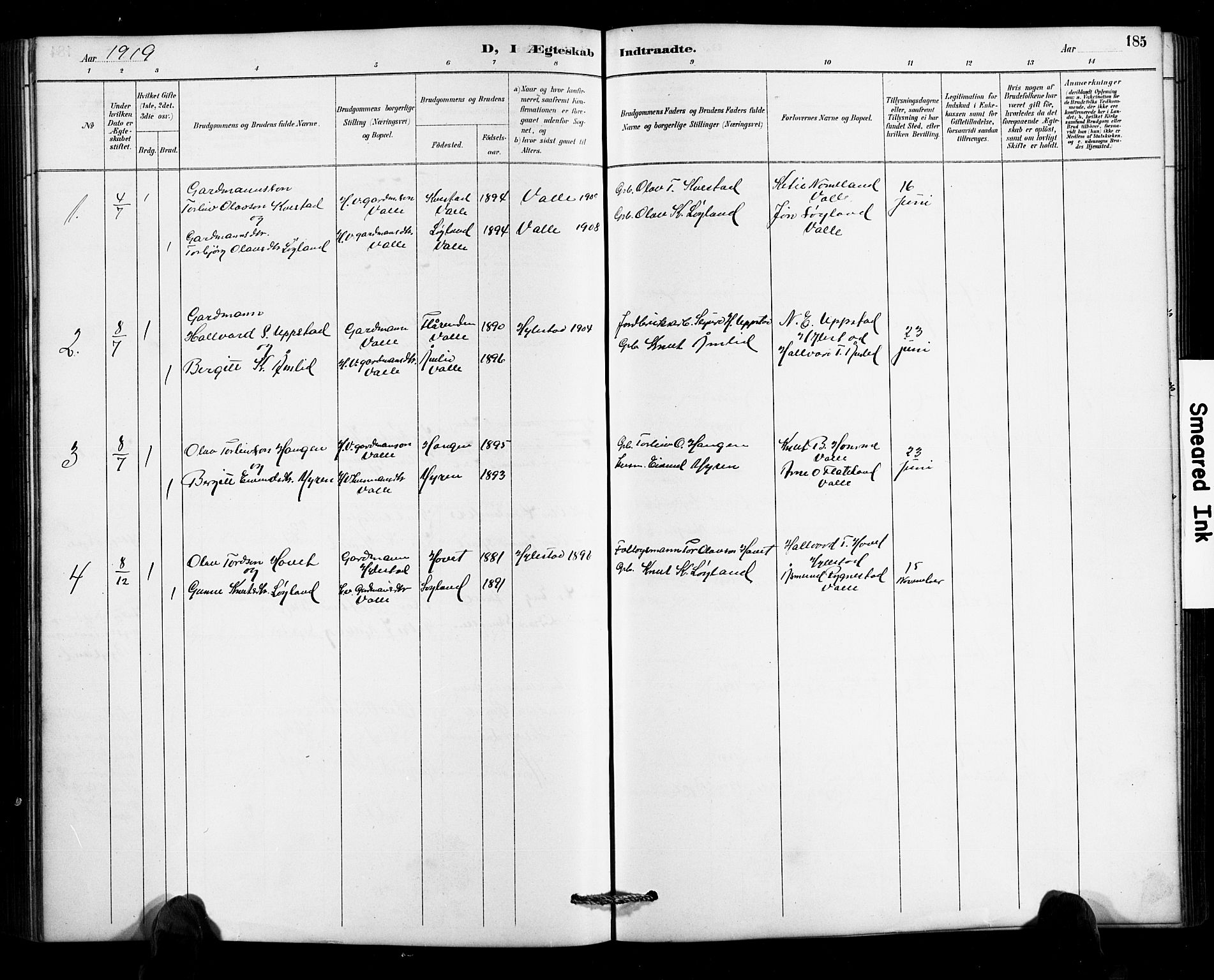 Valle sokneprestkontor, SAK/1111-0044/F/Fb/Fbc/L0004: Parish register (copy) no. B 4, 1890-1928, p. 185