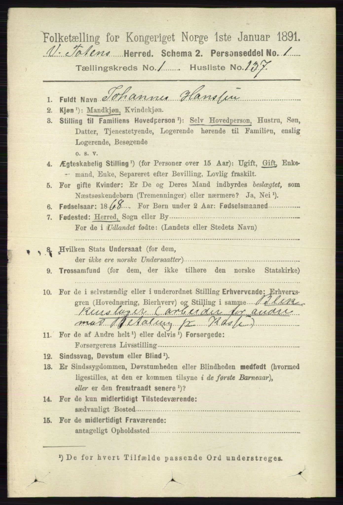 RA, 1891 census for 0529 Vestre Toten, 1891, p. 1237