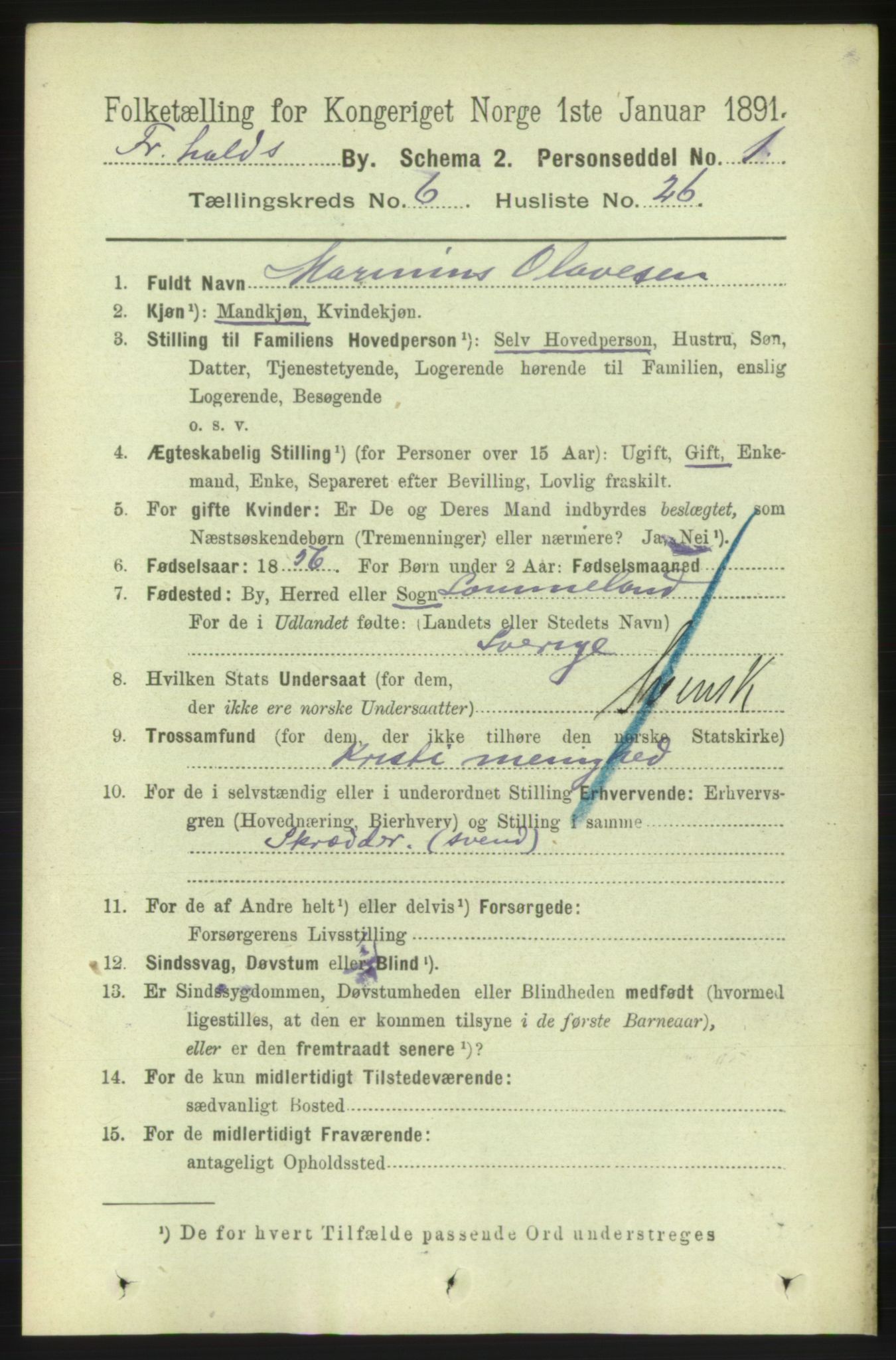 RA, 1891 census for 0101 Fredrikshald, 1891, p. 4922