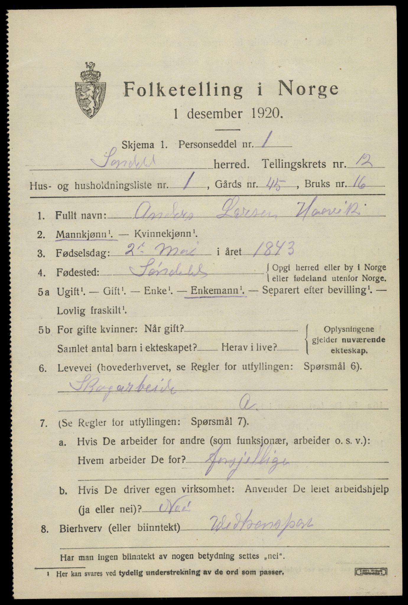 SAK, 1920 census for Søndeled, 1920, p. 5833