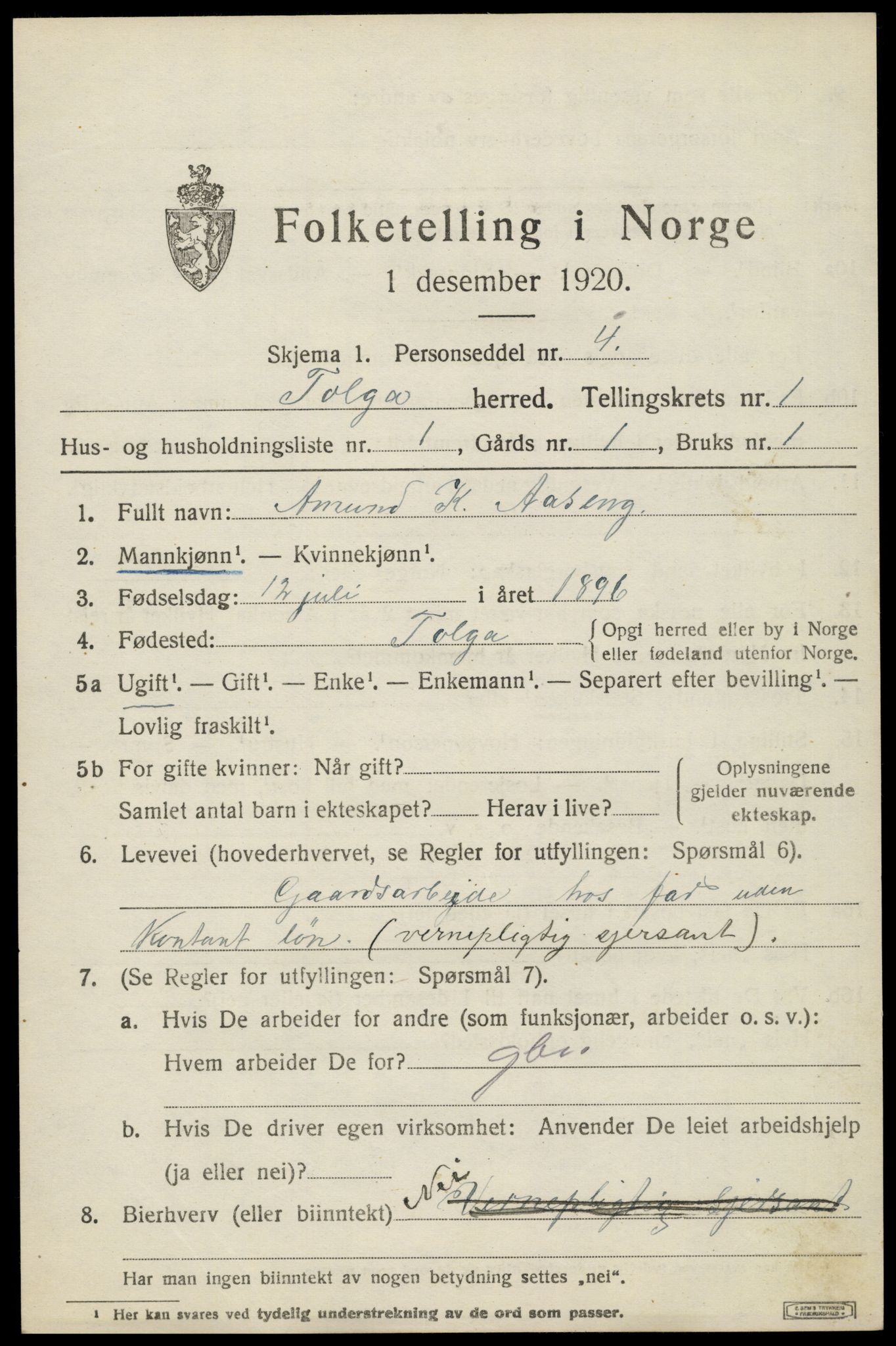 SAH, 1920 census for Tolga, 1920, p. 1385
