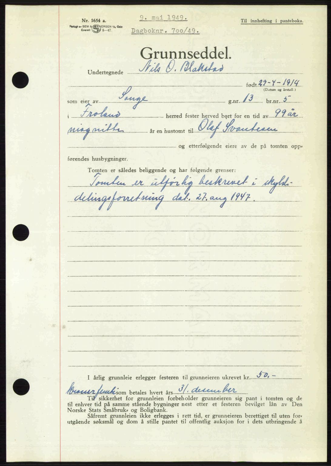 Nedenes sorenskriveri, AV/SAK-1221-0006/G/Gb/Gba/L0060: Mortgage book no. A12, 1948-1949, Diary no: : 700/1949