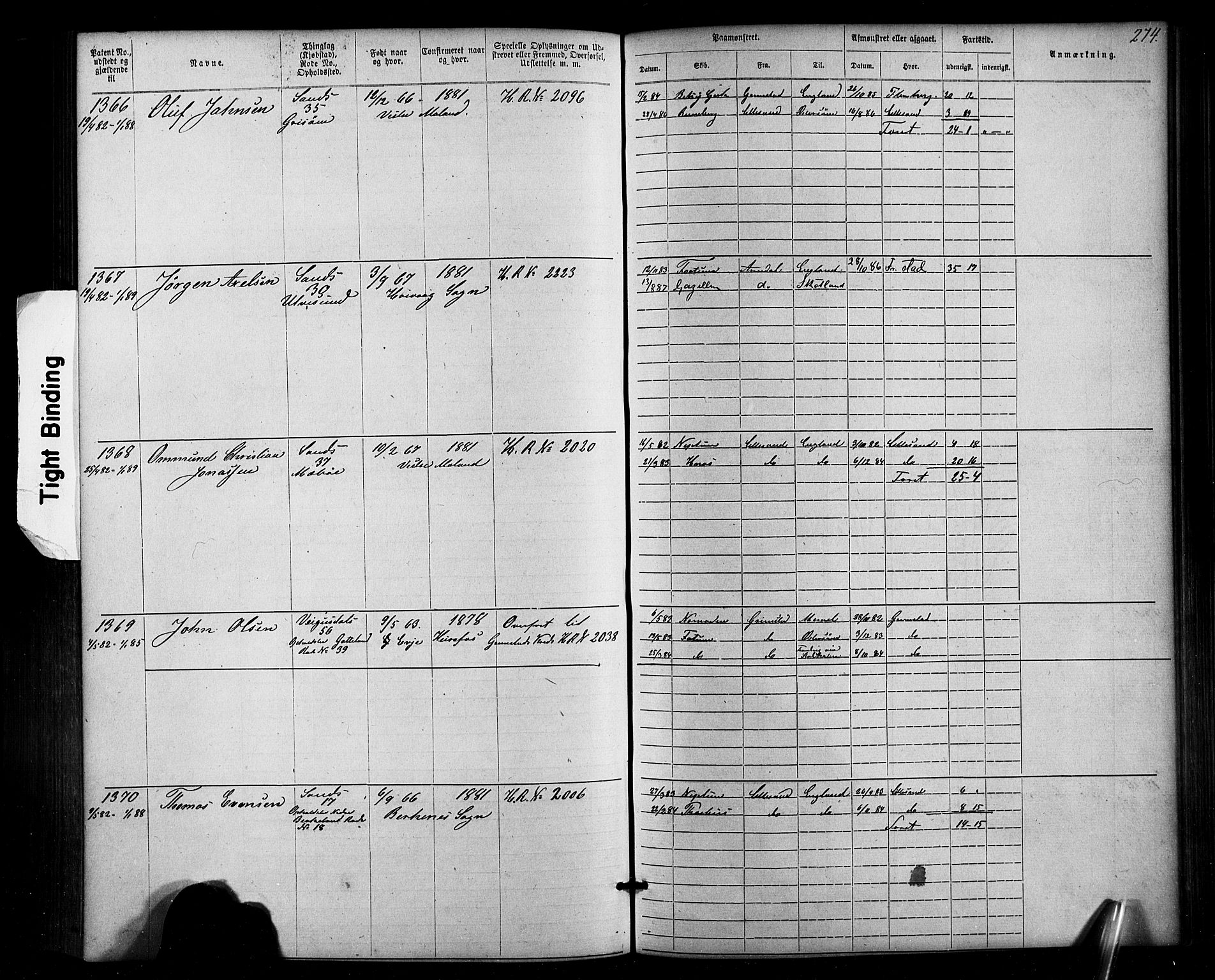 Lillesand mønstringskrets, SAK/2031-0014/F/Fa/L0002: Annotasjonsrulle nr 1-1910 med register, W-8, 1868-1891, p. 280