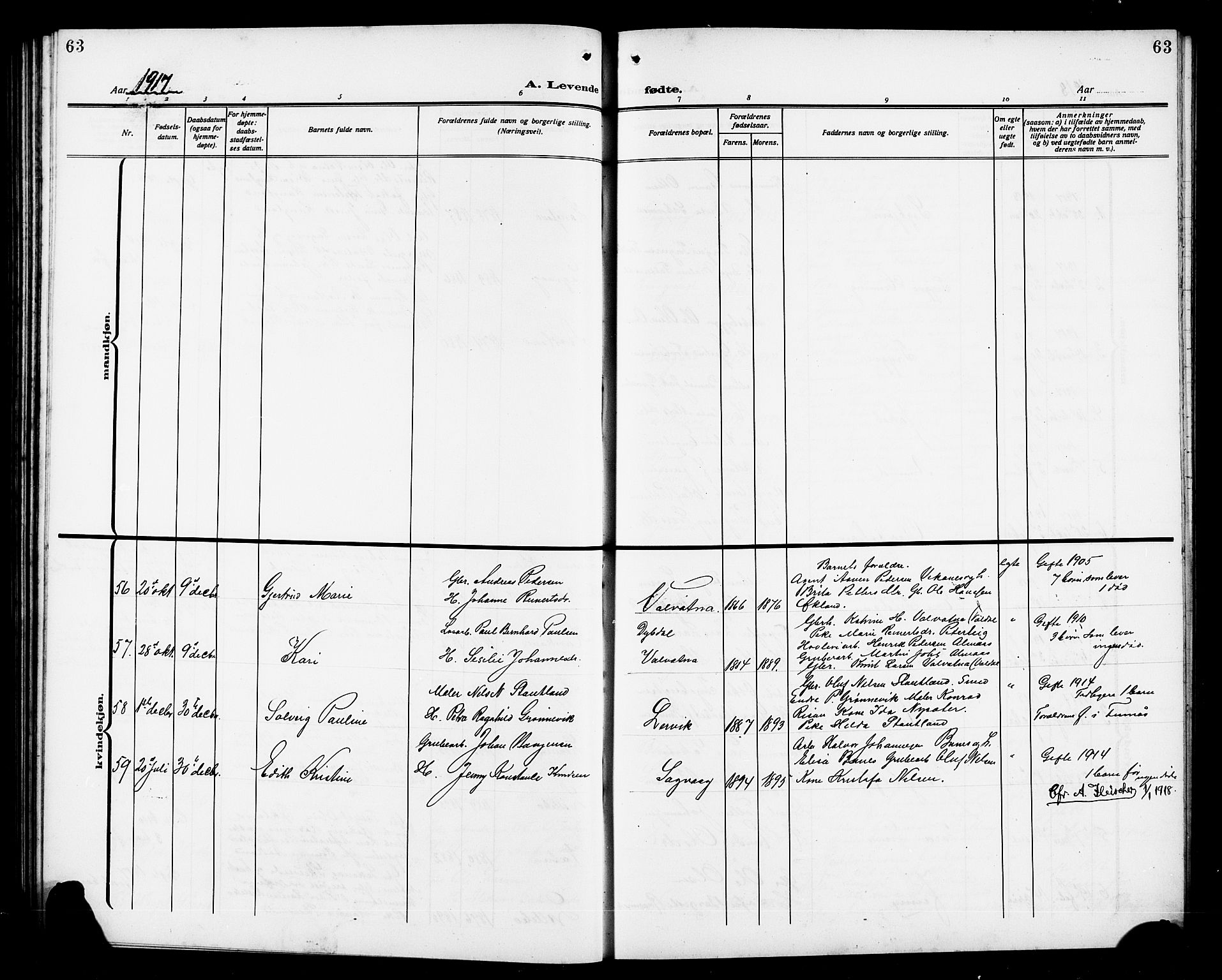 Stord sokneprestembete, SAB/A-78201/H/Hab: Parish register (copy) no. A 3, 1910-1919, p. 63