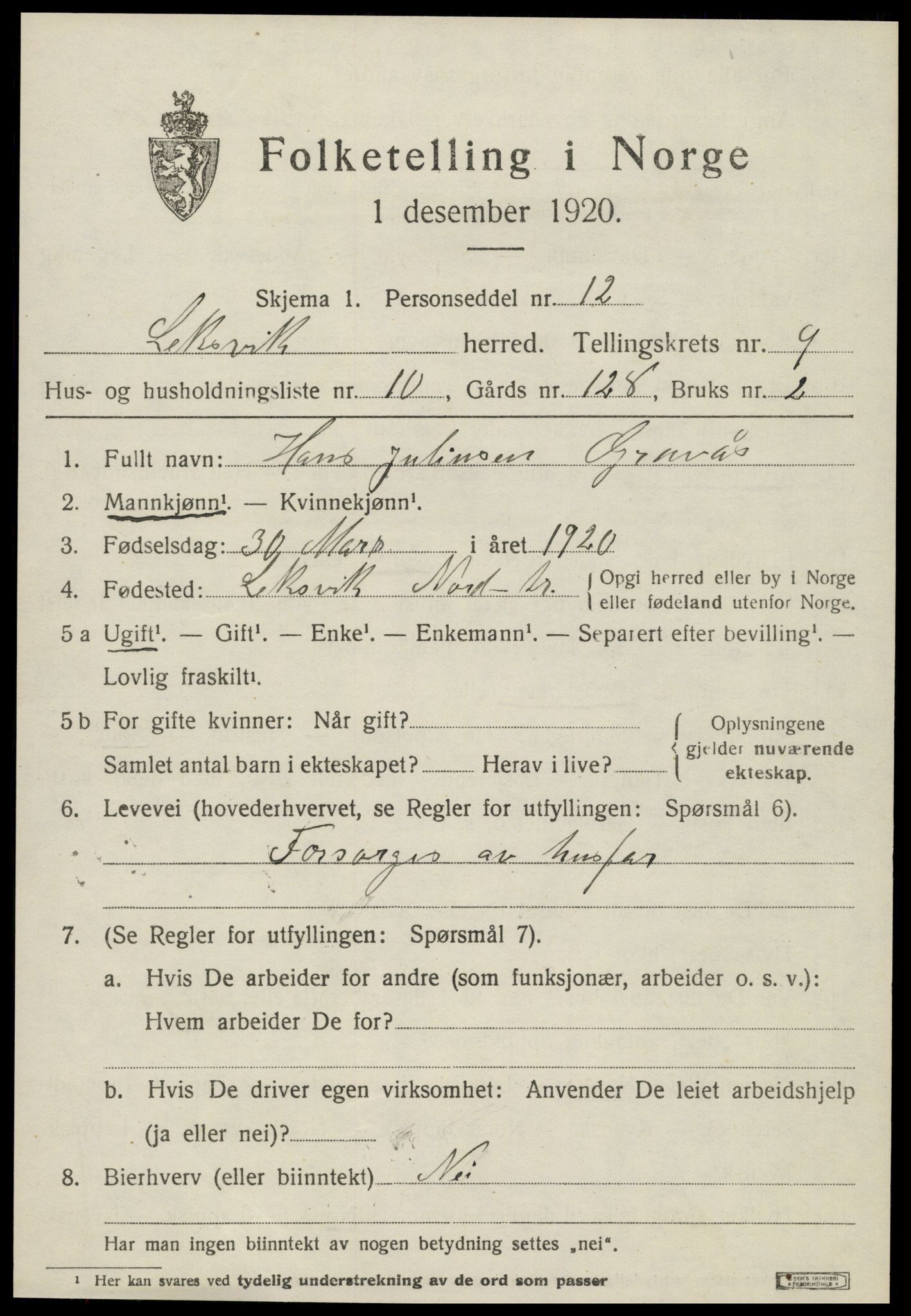 SAT, 1920 census for Leksvik, 1920, p. 7042