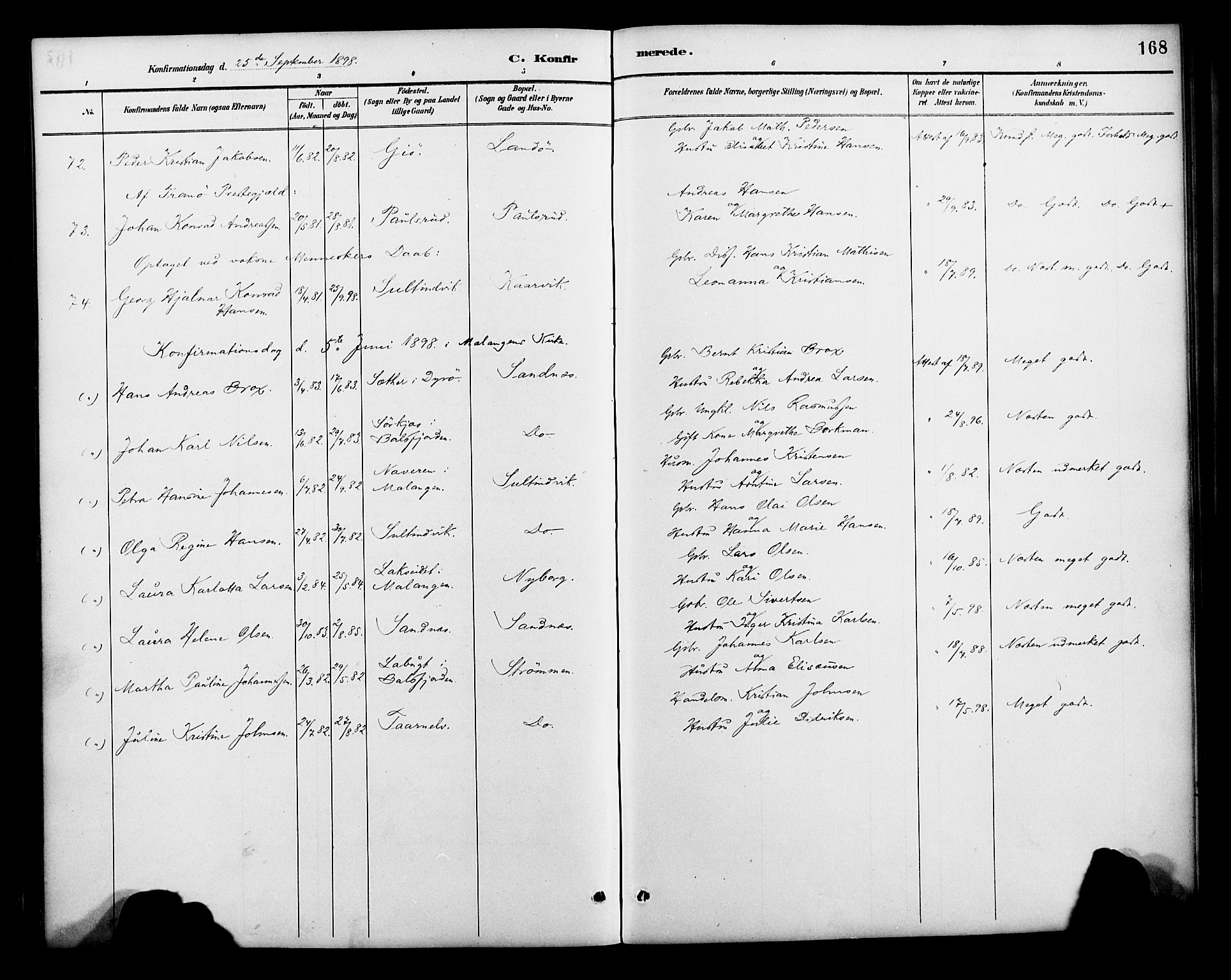 Lenvik sokneprestembete, SATØ/S-1310/H/Ha/Haa/L0013kirke: Parish register (official) no. 13, 1890-1898, p. 168