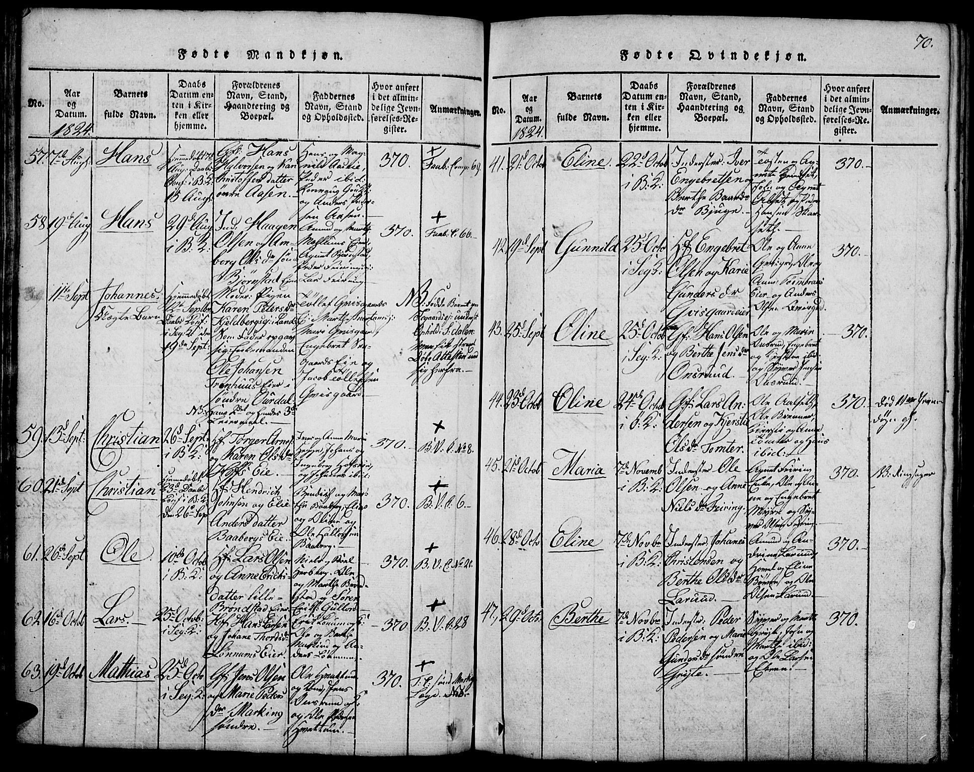 Biri prestekontor, AV/SAH-PREST-096/H/Ha/Hab/L0001: Parish register (copy) no. 1, 1814-1828, p. 70