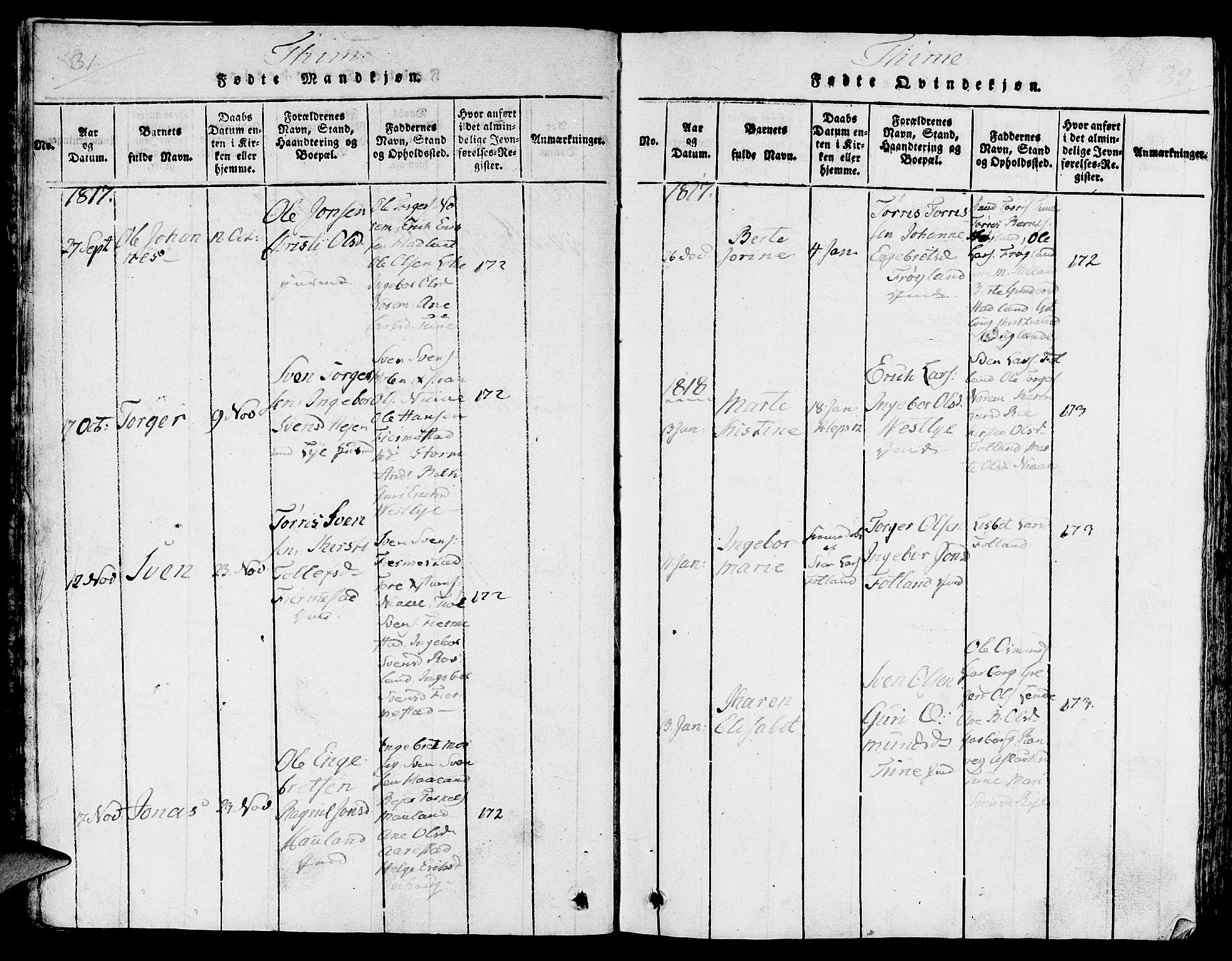 Lye sokneprestkontor, SAST/A-101794/001/30/30BA/L0003: Parish register (official) no. A 3 /1, 1816-1826, p. 31-32