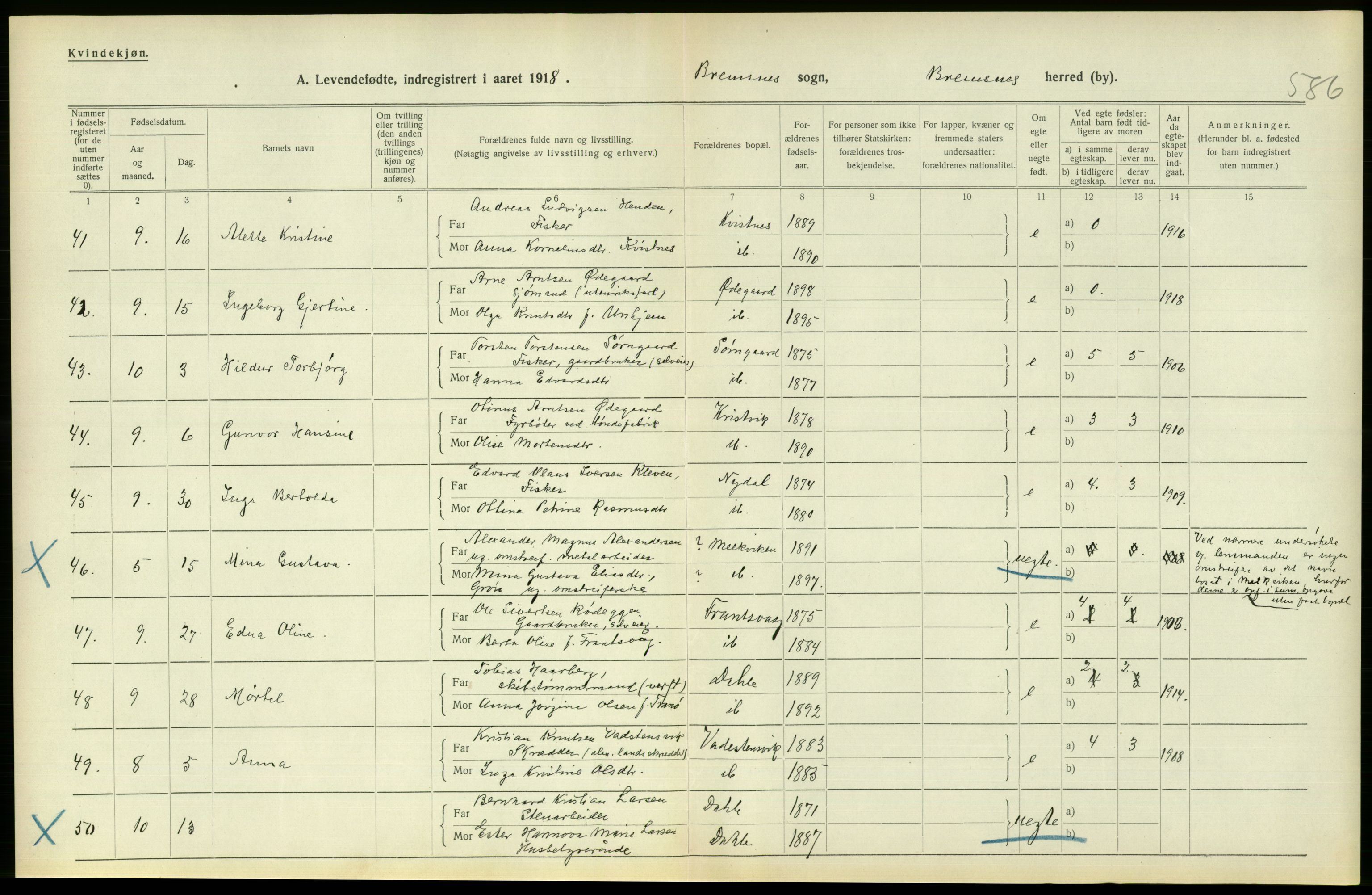 Statistisk sentralbyrå, Sosiodemografiske emner, Befolkning, RA/S-2228/D/Df/Dfb/Dfbh/L0043: Møre fylke: Levendefødte menn og kvinner. Bygder., 1918, p. 756