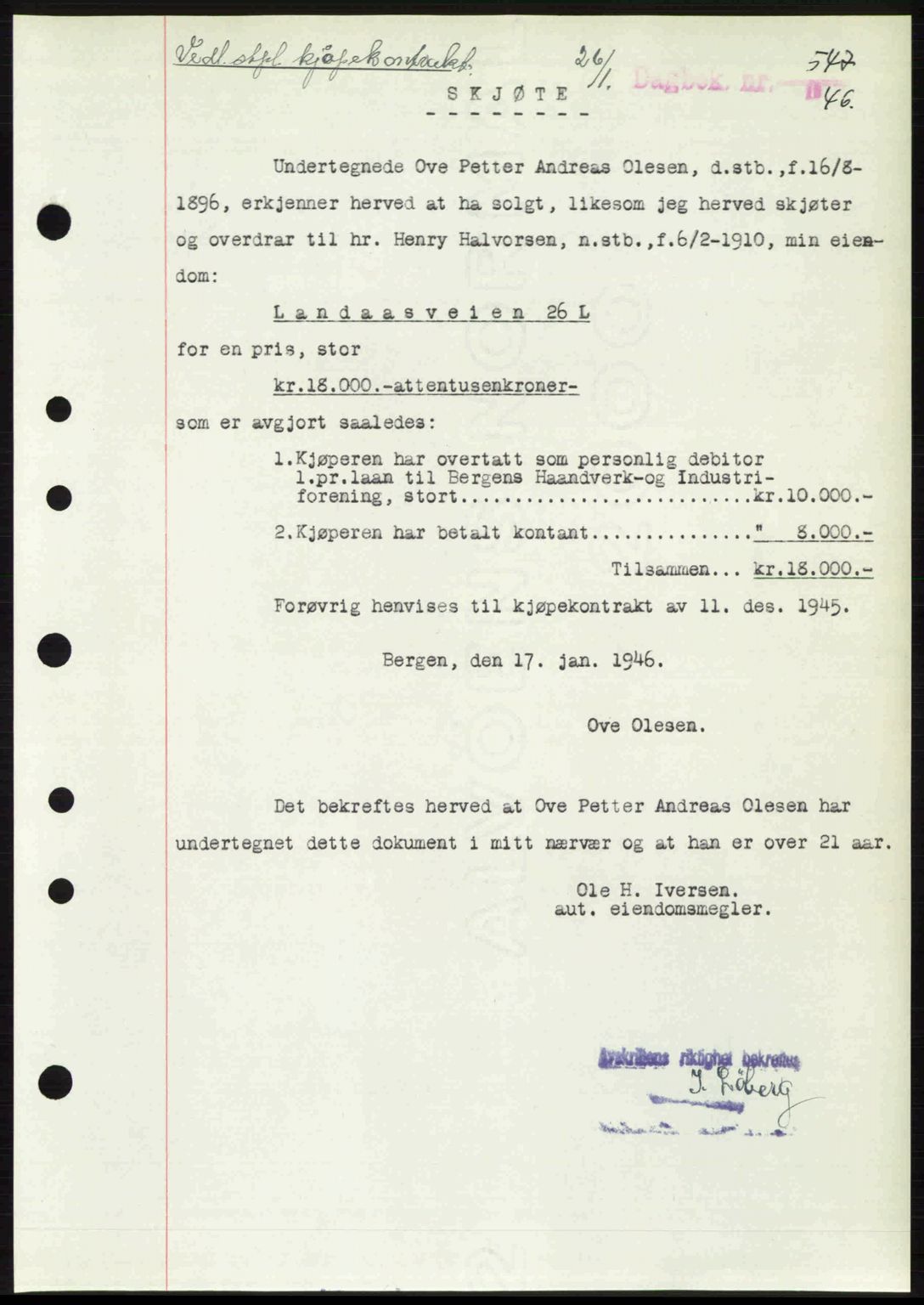 Byfogd og Byskriver i Bergen, SAB/A-3401/03/03Bc/L0022: Mortgage book no. A18, 1946-1946, Diary no: : 547/1946
