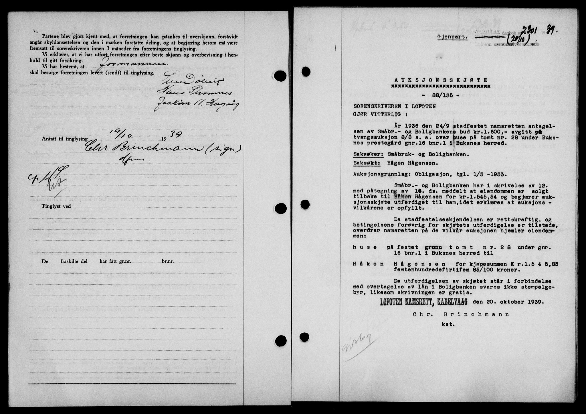 Lofoten sorenskriveri, SAT/A-0017/1/2/2C/L0006a: Mortgage book no. 6a, 1939-1939, Diary no: : 2301/1939