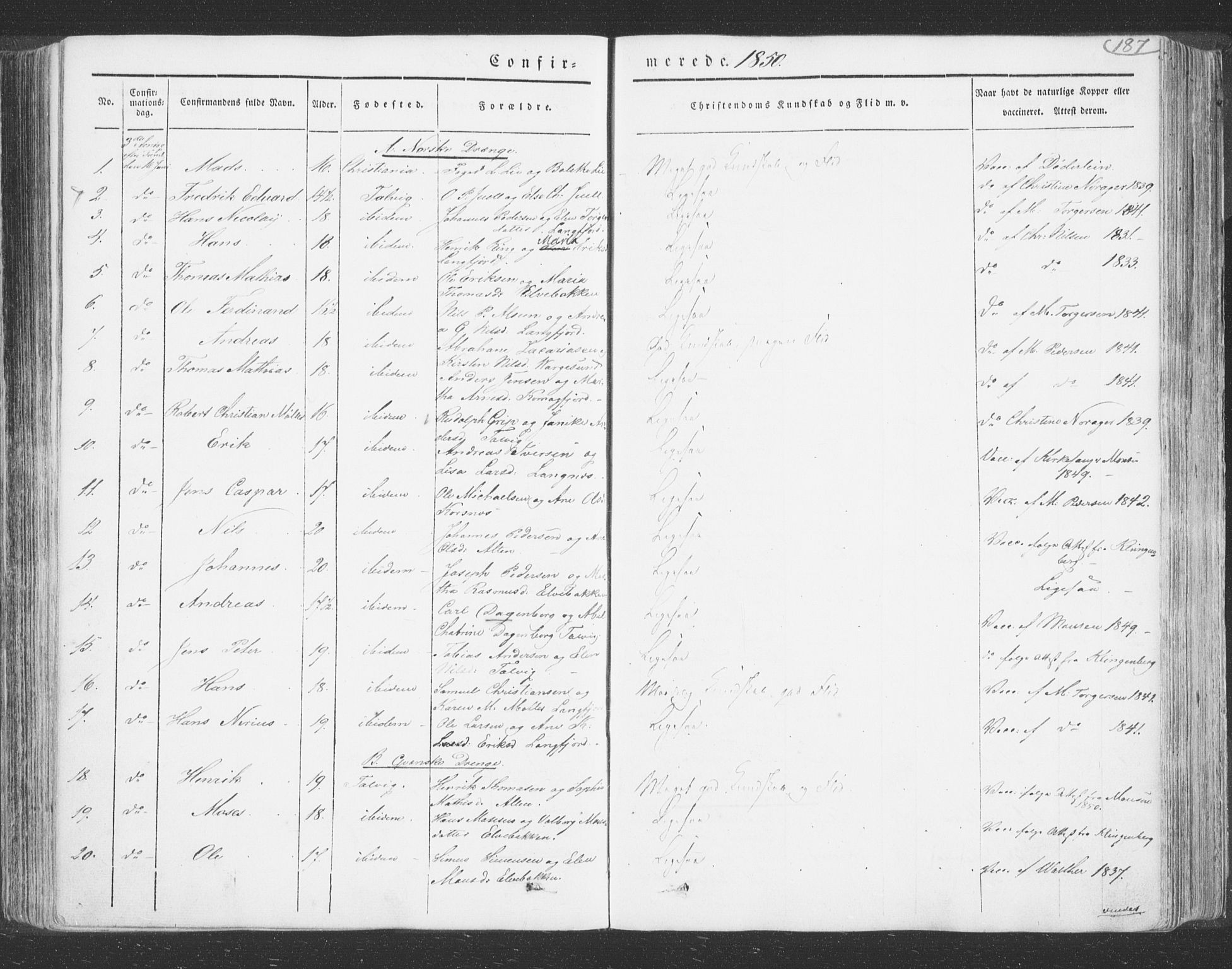 Talvik sokneprestkontor, SATØ/S-1337/H/Ha/L0009kirke: Parish register (official) no. 9, 1837-1852, p. 187