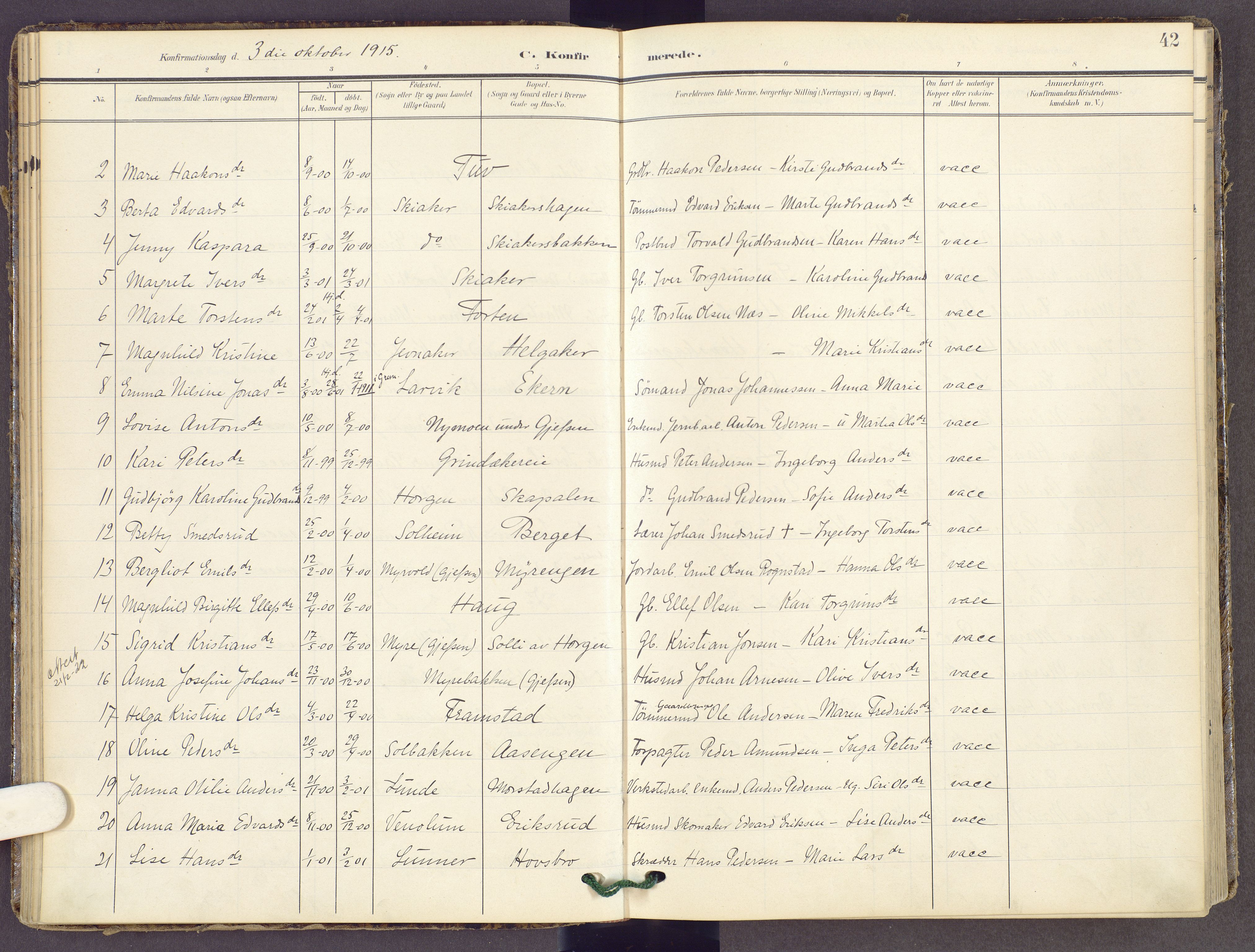 Gran prestekontor, SAH/PREST-112/H/Ha/Haa/L0022: Parish register (official) no. 22, 1908-1918, p. 42