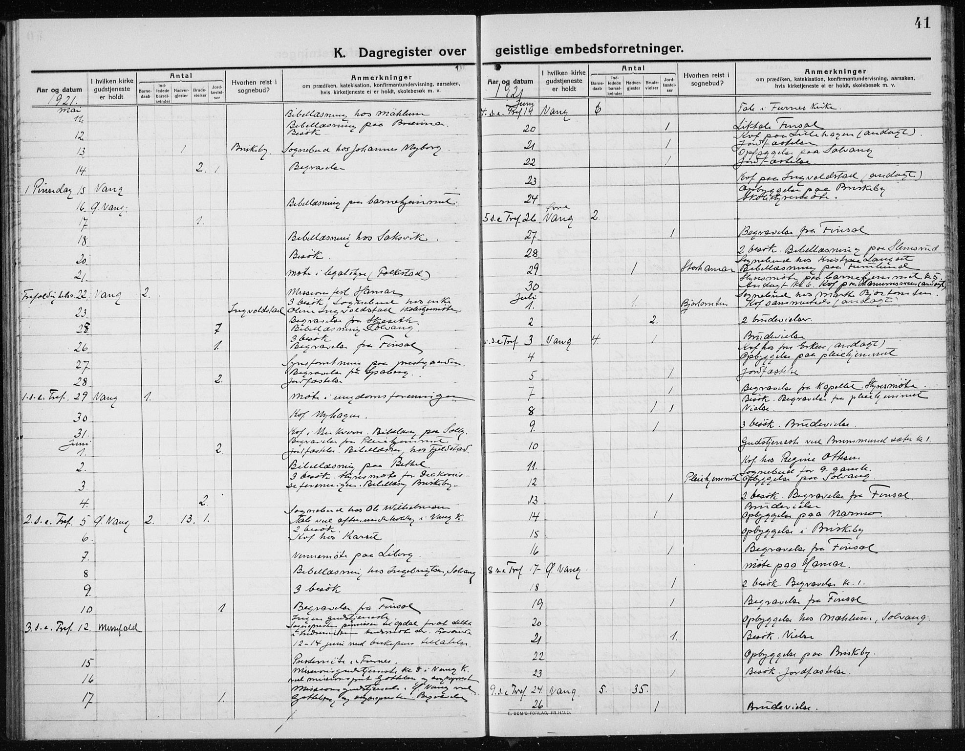 Vang prestekontor, Hedmark, AV/SAH-PREST-008/H/Ha/Haa/L0020: Parish register (official) no. 20, 1911-1926, p. 41