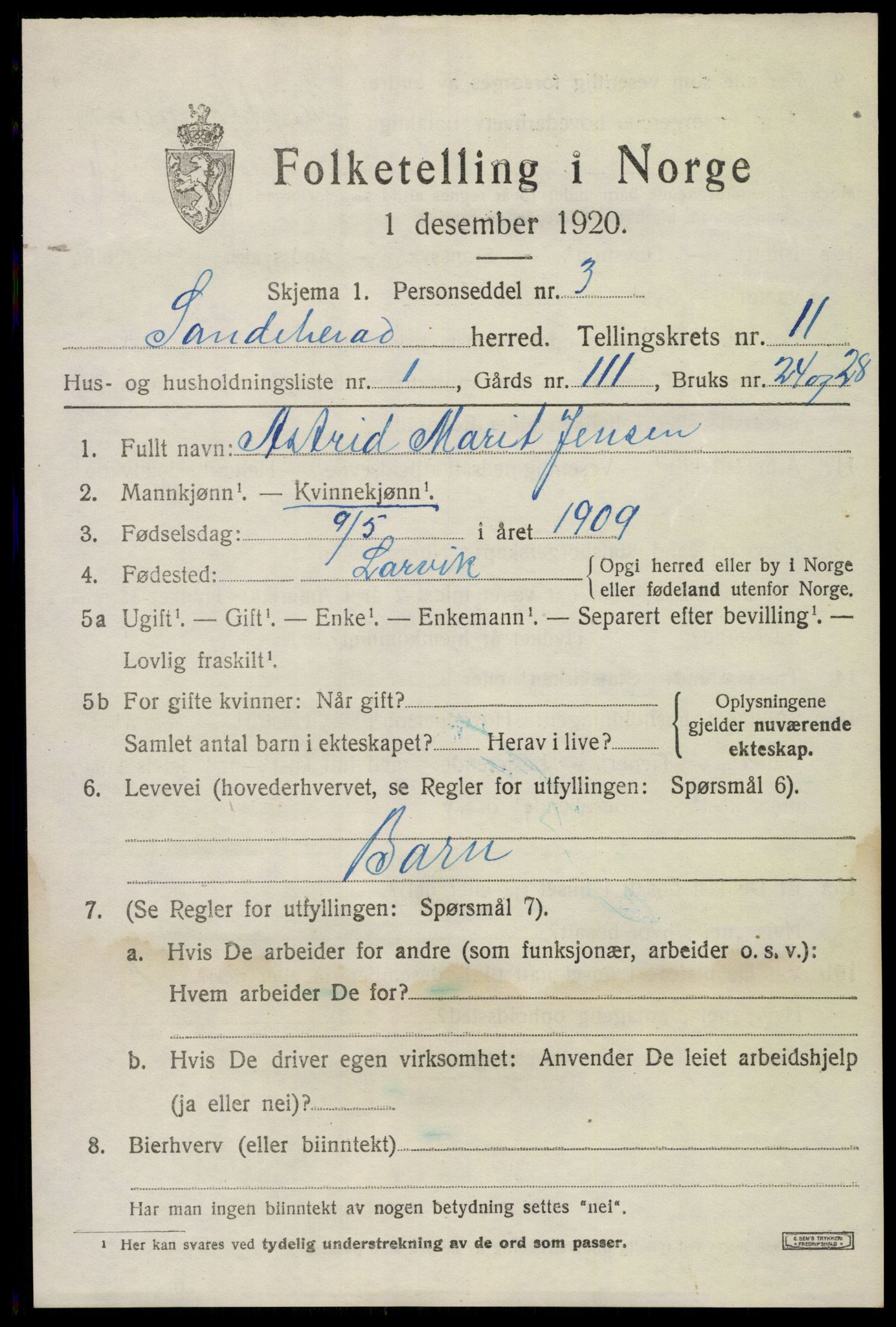 SAKO, 1920 census for Sandeherred, 1920, p. 15546