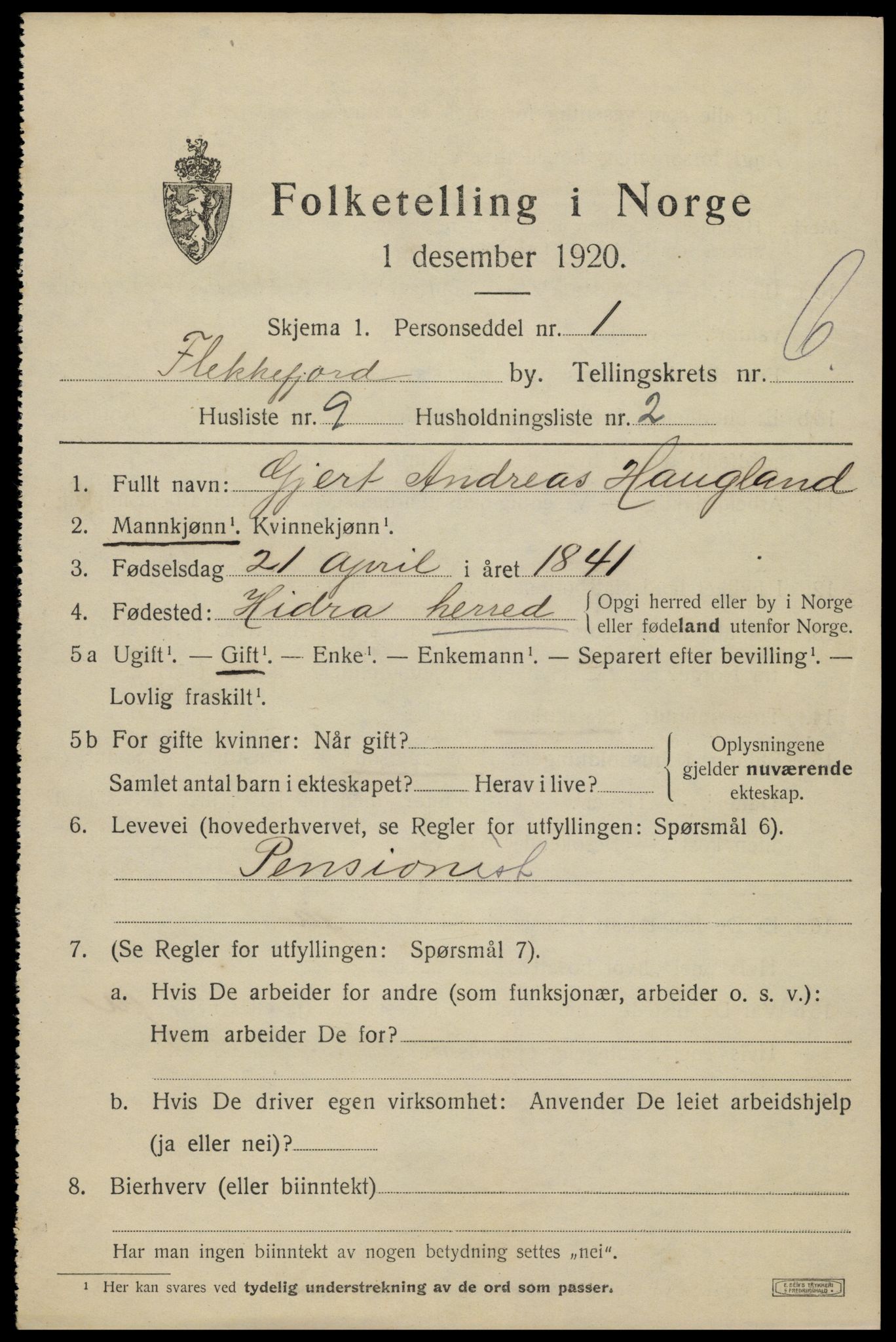SAK, 1920 census for Flekkefjord, 1920, p. 5846