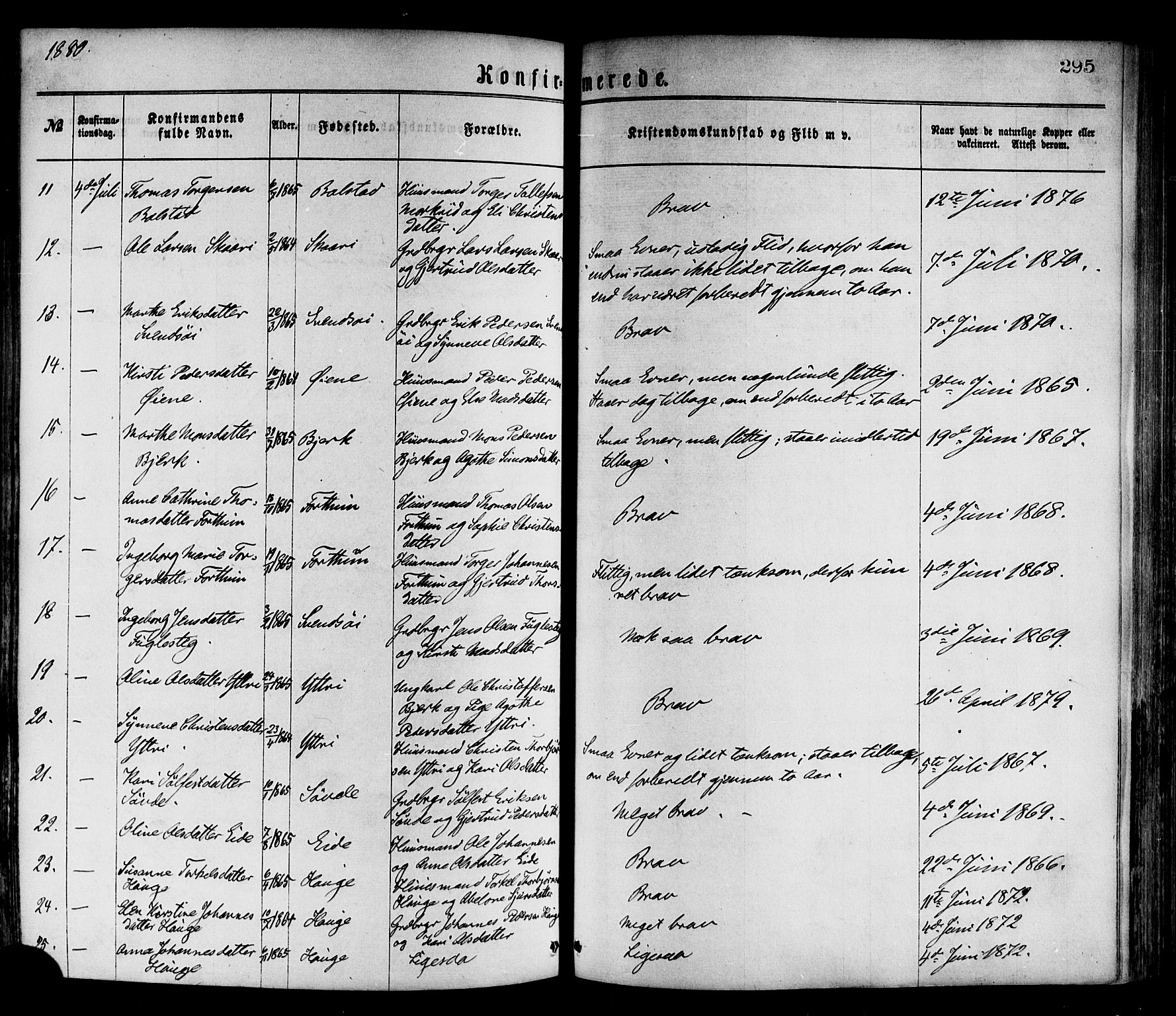 Luster sokneprestembete, AV/SAB-A-81101/H/Haa/Haaa/L0010: Parish register (official) no. A 10, 1871-1886, p. 295