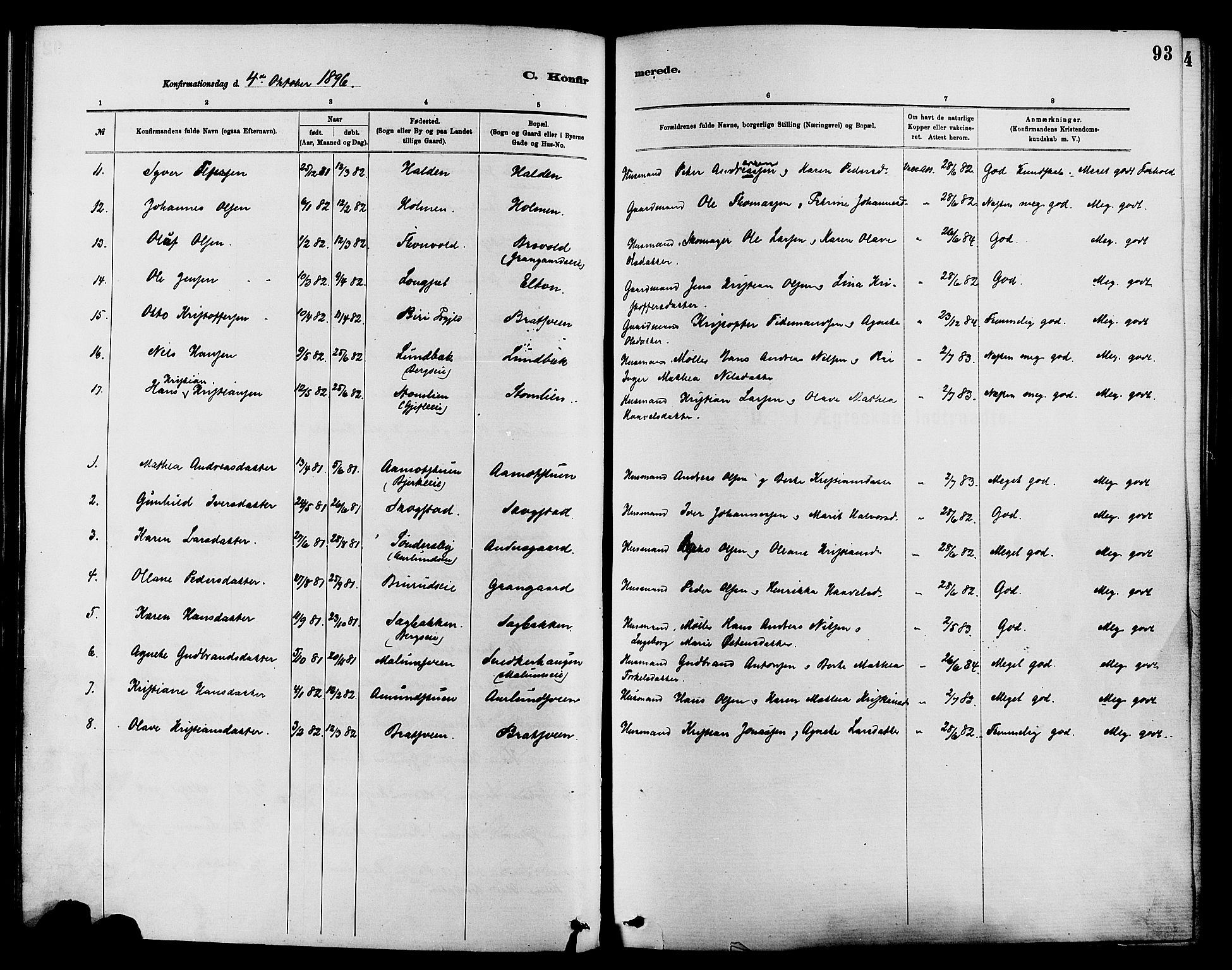 Nordre Land prestekontor, SAH/PREST-124/H/Ha/Haa/L0003: Parish register (official) no. 3, 1882-1896, p. 93
