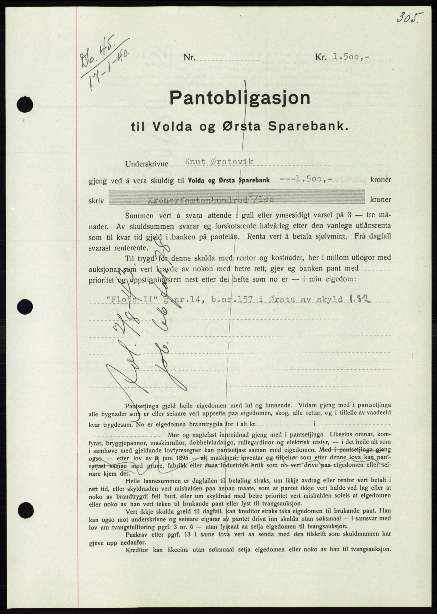 Søre Sunnmøre sorenskriveri, AV/SAT-A-4122/1/2/2C/L0069: Mortgage book no. 63, 1939-1940, Diary no: : 45/1940