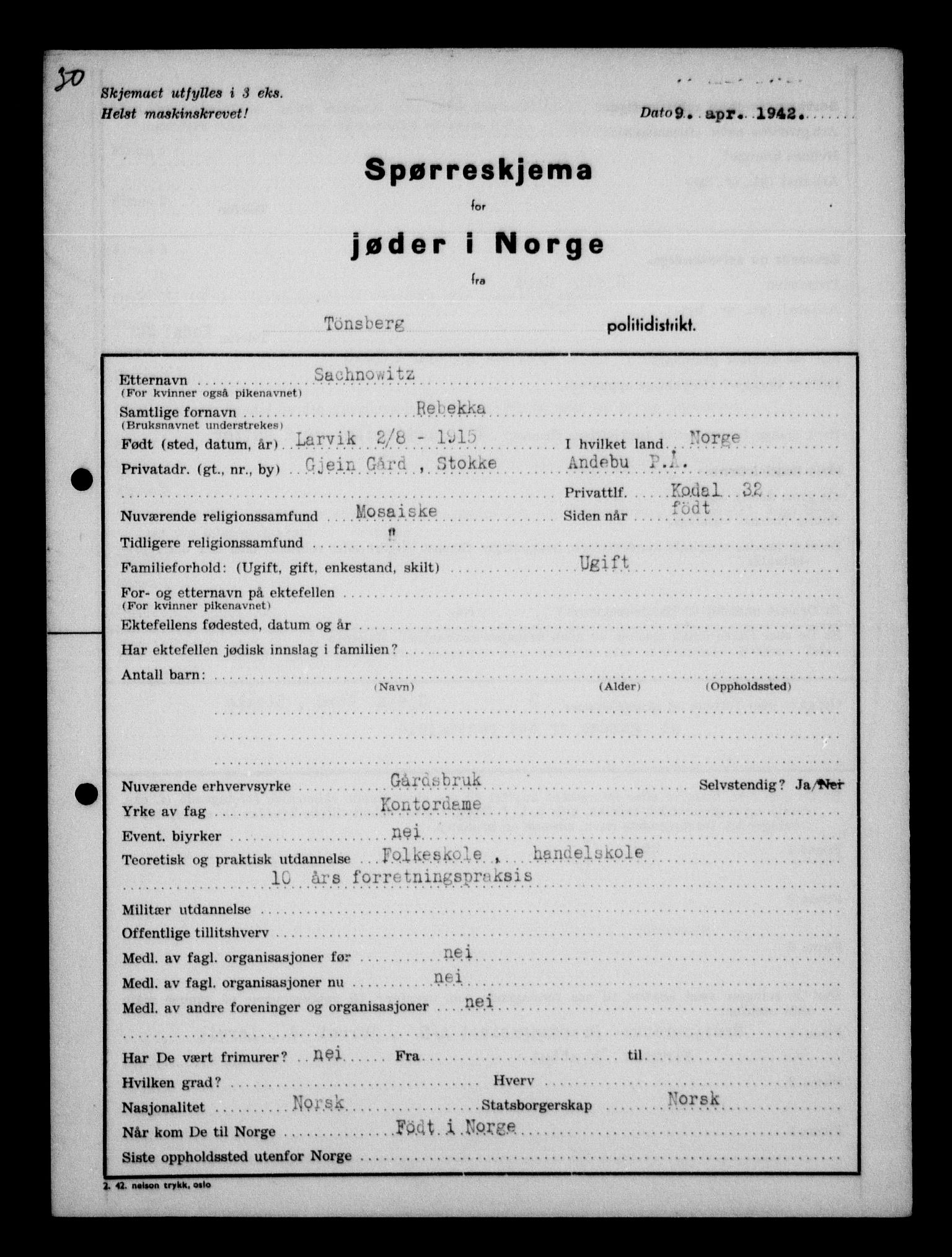 Statspolitiet - Hovedkontoret / Osloavdelingen, AV/RA-S-1329/G/Ga/L0013: Spørreskjema for jøder i Norge. 1: Sandefjord-Trondheim. 2: Tønsberg- Ålesund.  3: Skriv vedr. jøder A-H.  , 1942-1943, p. 587