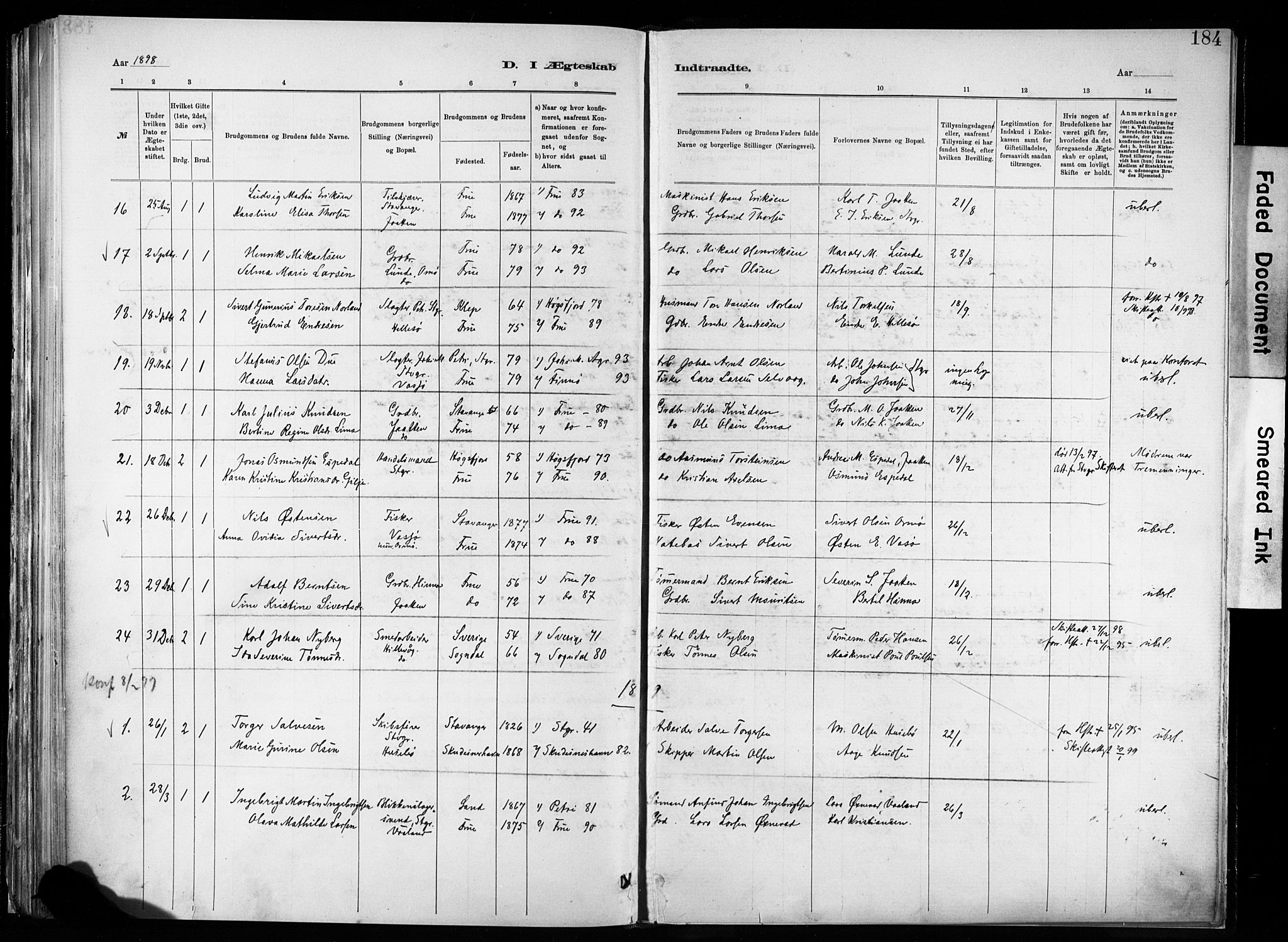 Hetland sokneprestkontor, SAST/A-101826/30/30BA/L0011: Parish register (official) no. A 11, 1884-1911, p. 184