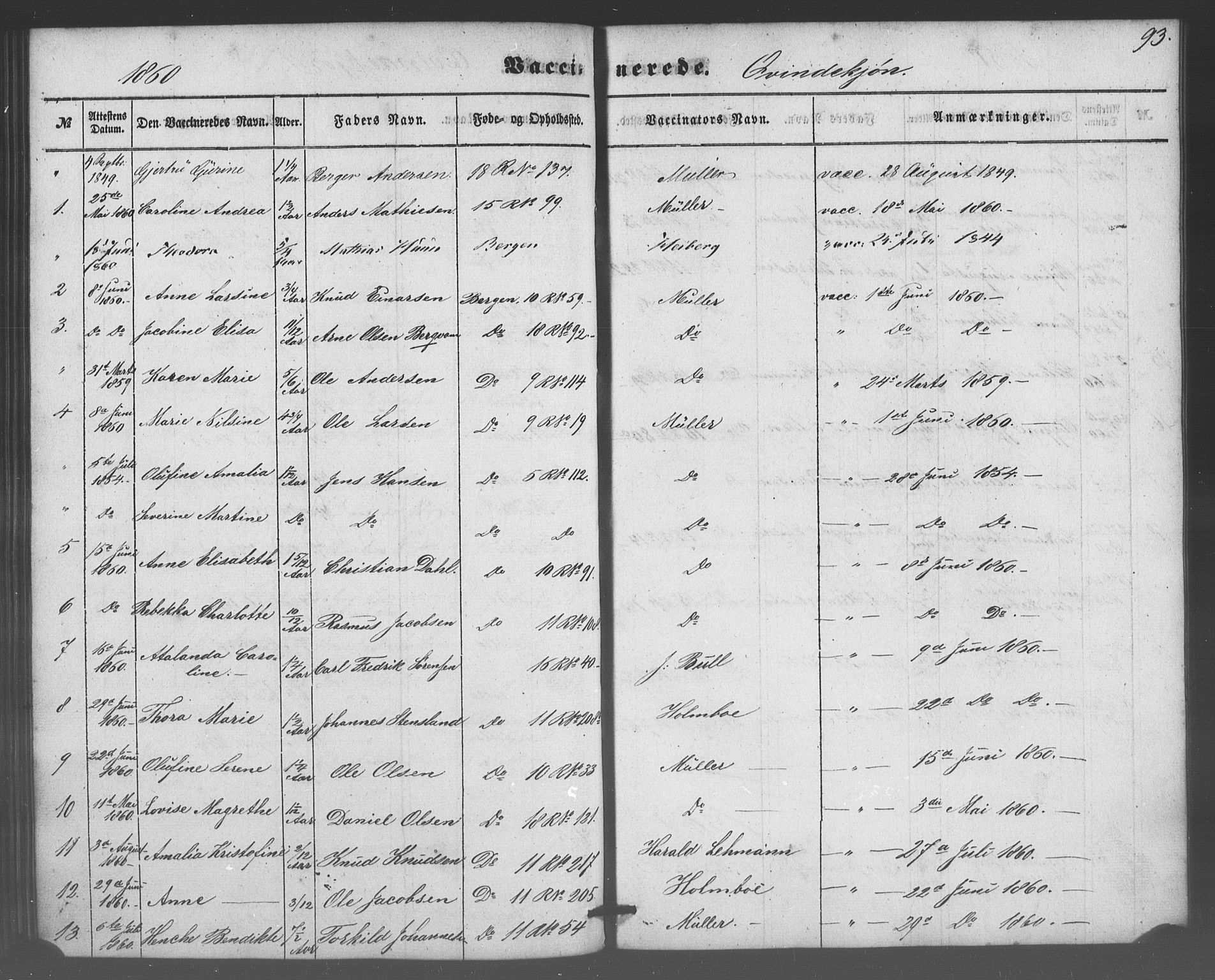 Domkirken sokneprestembete, SAB/A-74801/H/Haa/L0047: Parish register (official) no. F 2, 1852-1868, p. 93