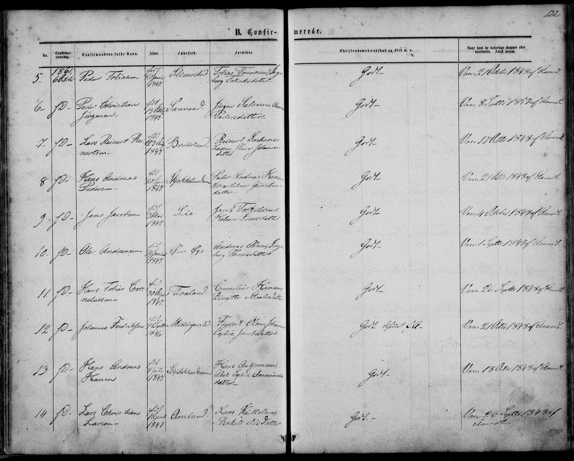 Kvinesdal sokneprestkontor, AV/SAK-1111-0026/F/Fa/Fab/L0006: Parish register (official) no. A 6, 1857-1869, p. 122