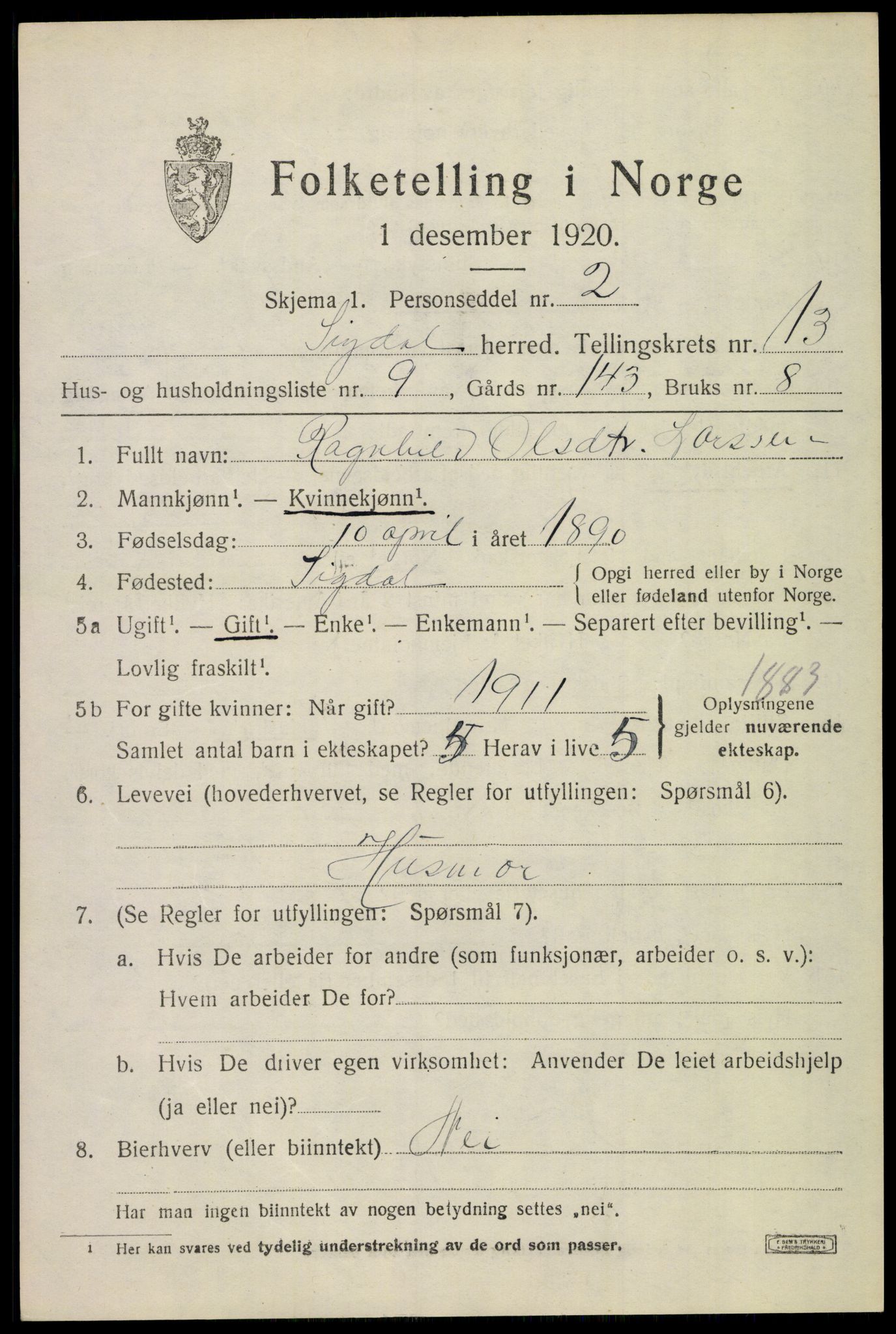 SAKO, 1920 census for Sigdal, 1920, p. 8150