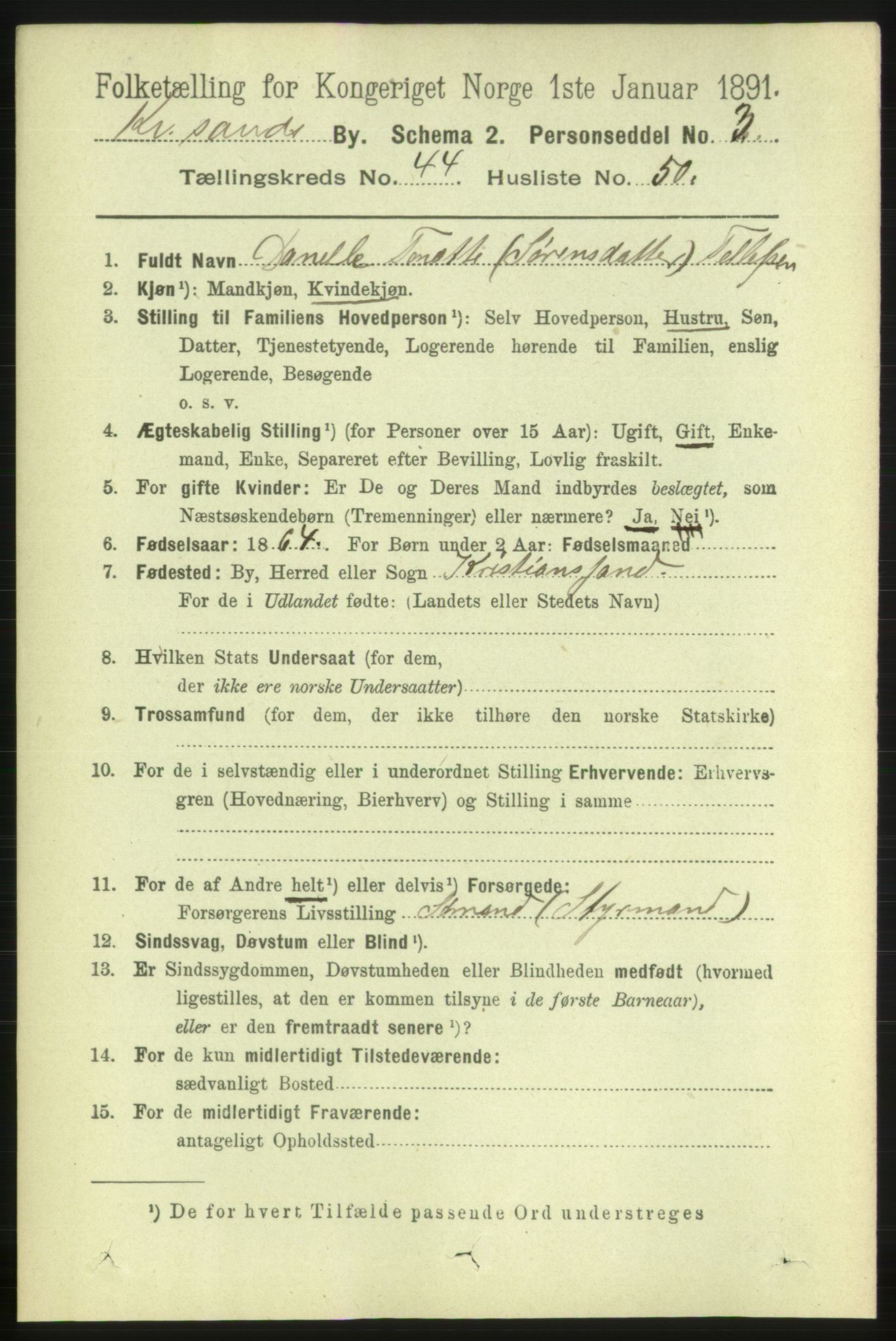 RA, 1891 census for 1001 Kristiansand, 1891, p. 13900