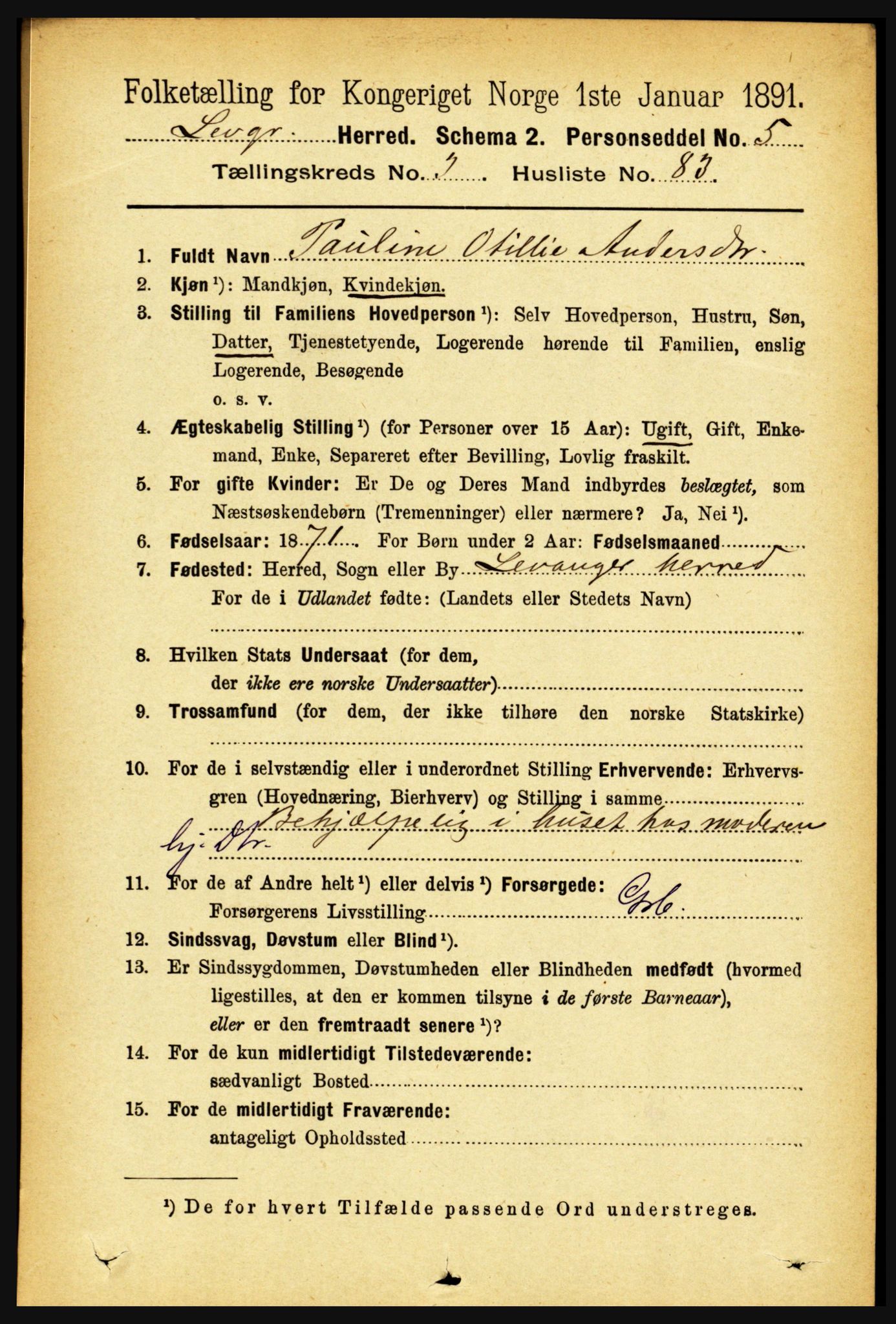 RA, 1891 census for 1720 Levanger, 1891, p. 2073