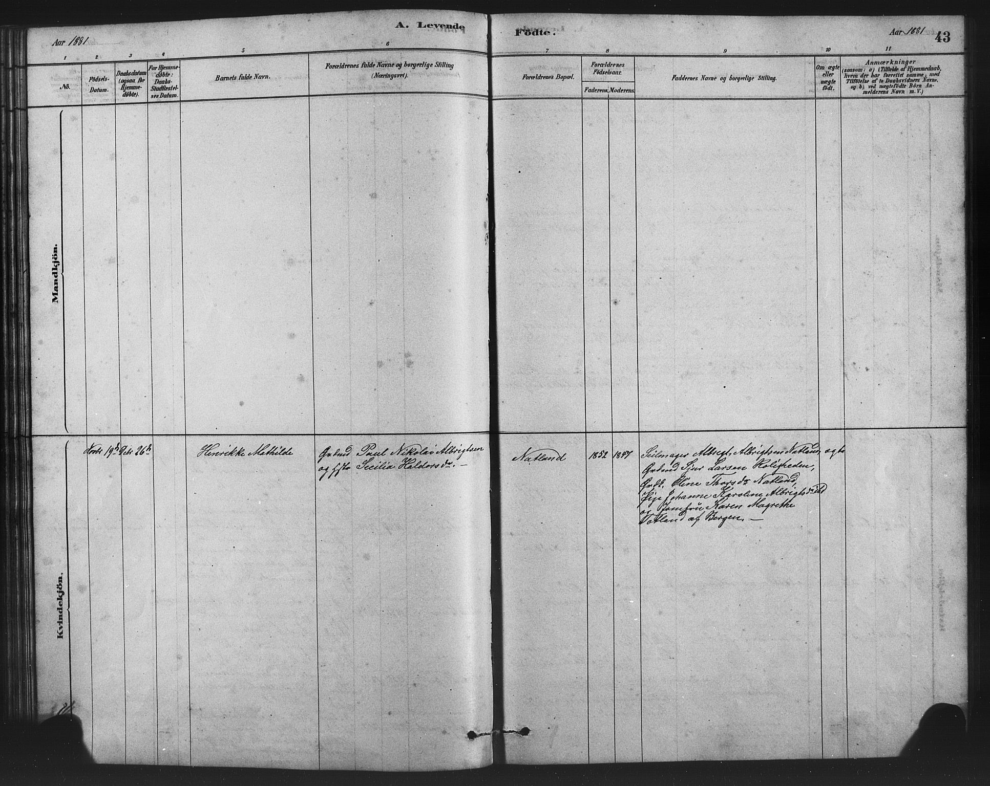 Birkeland Sokneprestembete, AV/SAB-A-74601/H/Hab: Parish register (copy) no. A 3, 1877-1887, p. 43