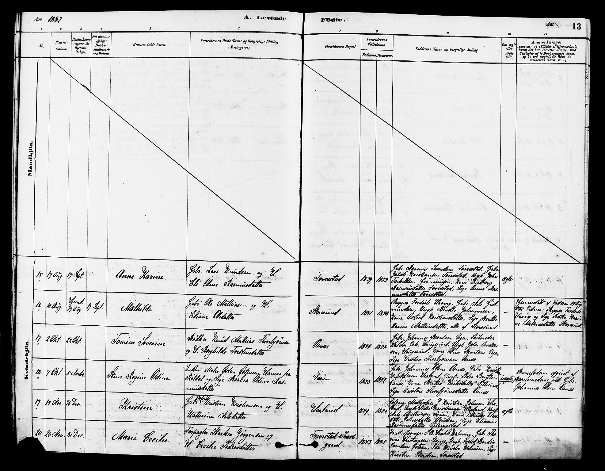 Torvastad sokneprestkontor, SAST/A -101857/H/Ha/Haa/L0014: Parish register (official) no. A 13, 1879-1888, p. 13