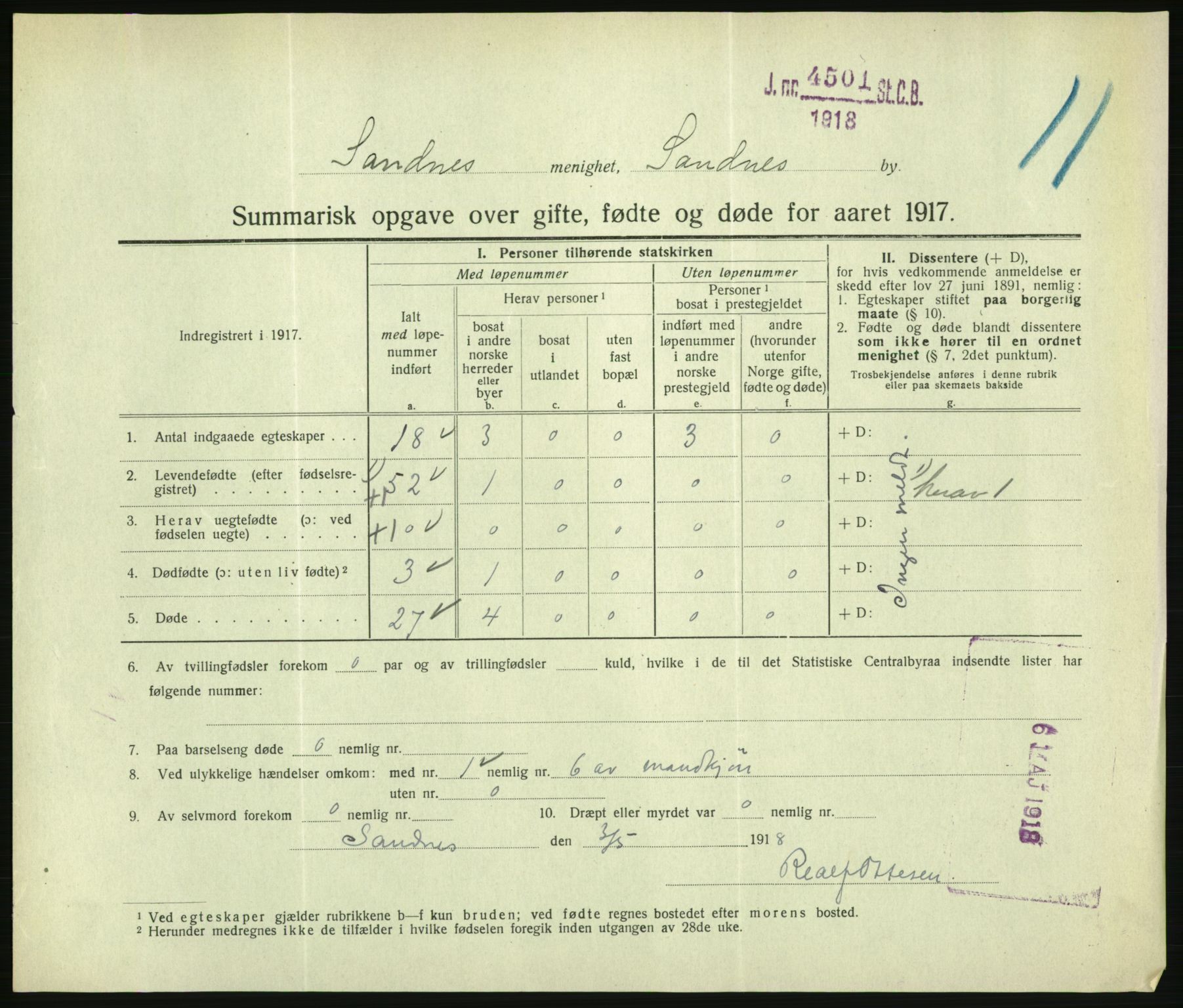 Statistisk sentralbyrå, Sosiodemografiske emner, Befolkning, AV/RA-S-2228/D/Df/Dfb/Dfbg/L0056: Summariske oppgaver over gifte, fødte og døde for hele landet., 1917, p. 761