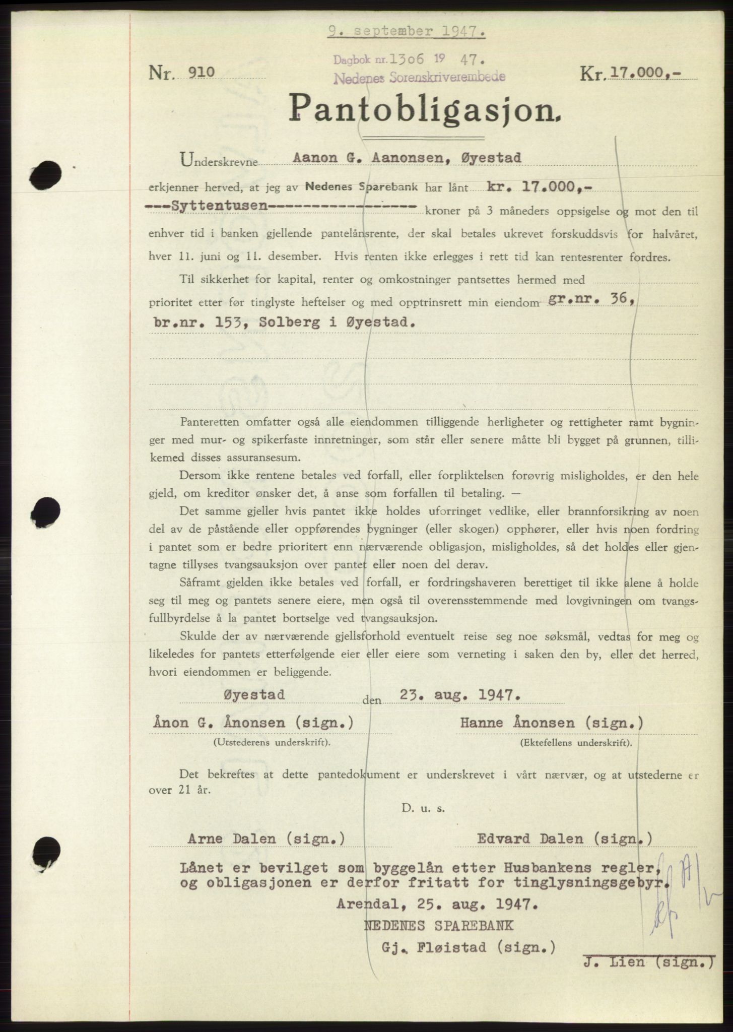 Nedenes sorenskriveri, AV/SAK-1221-0006/G/Gb/Gbb/L0004: Mortgage book no. B4, 1947-1947, Diary no: : 1306/1947