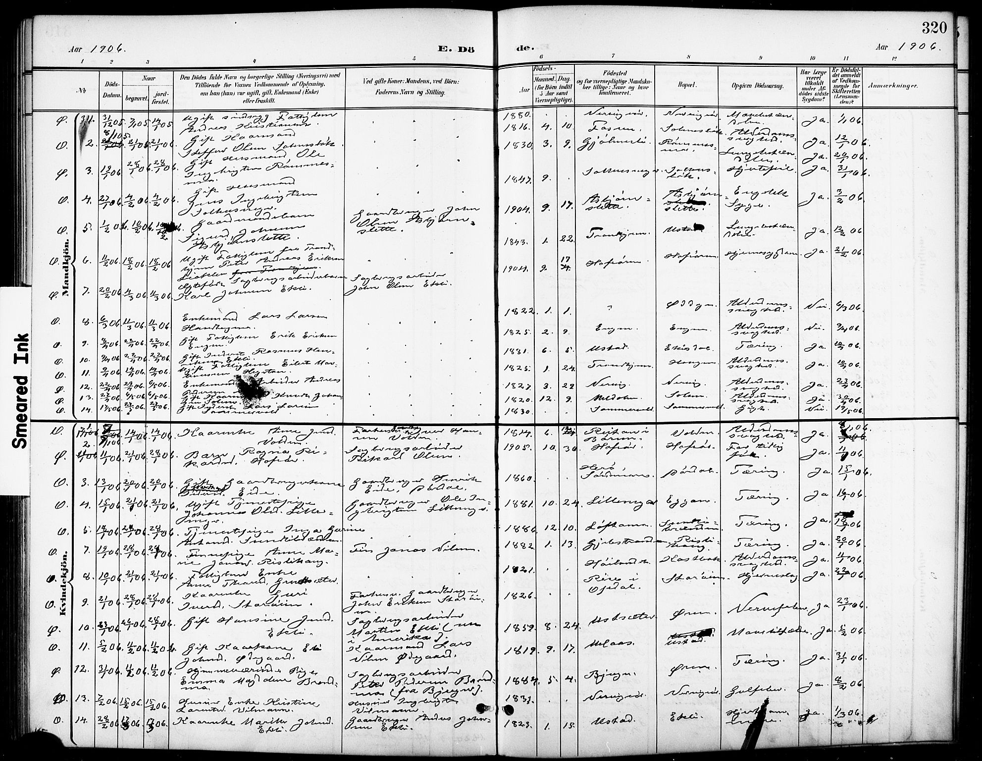 Ministerialprotokoller, klokkerbøker og fødselsregistre - Sør-Trøndelag, SAT/A-1456/668/L0819: Parish register (copy) no. 668C08, 1899-1912, p. 320