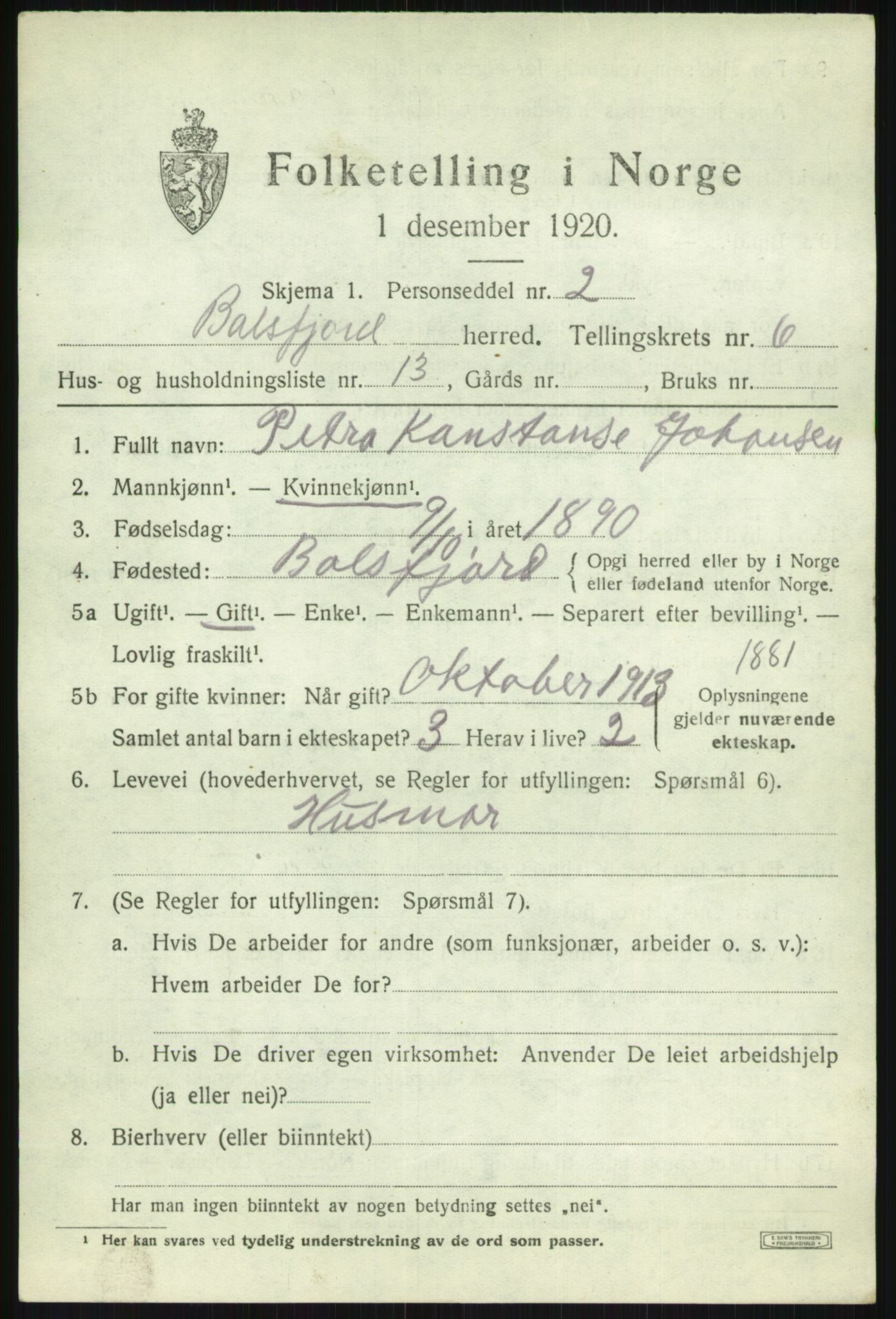 SATØ, 1920 census for Balsfjord, 1920, p. 3862