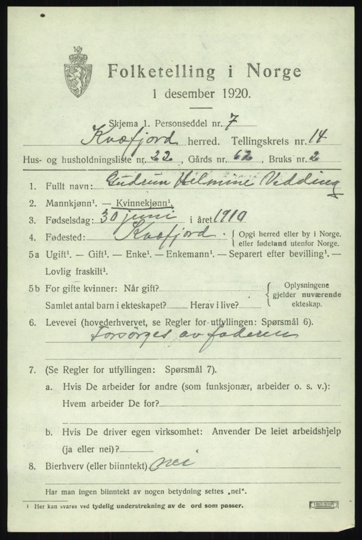 SATØ, 1920 census for Kvæfjord, 1920, p. 6909