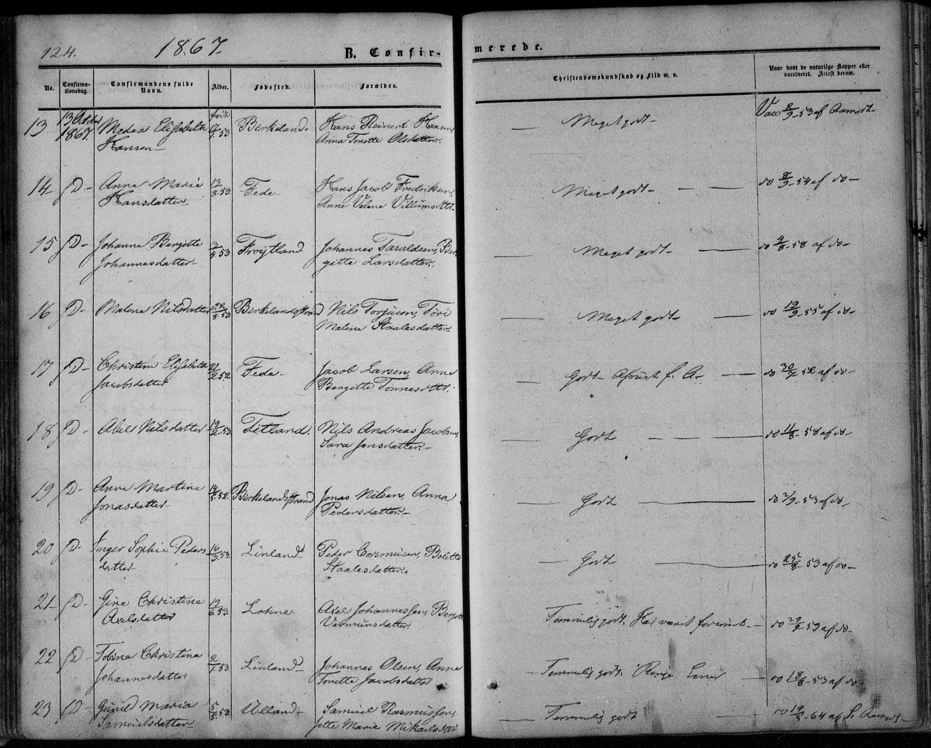 Kvinesdal sokneprestkontor, AV/SAK-1111-0026/F/Fa/Faa/L0002: Parish register (official) no. A 2, 1850-1876, p. 124