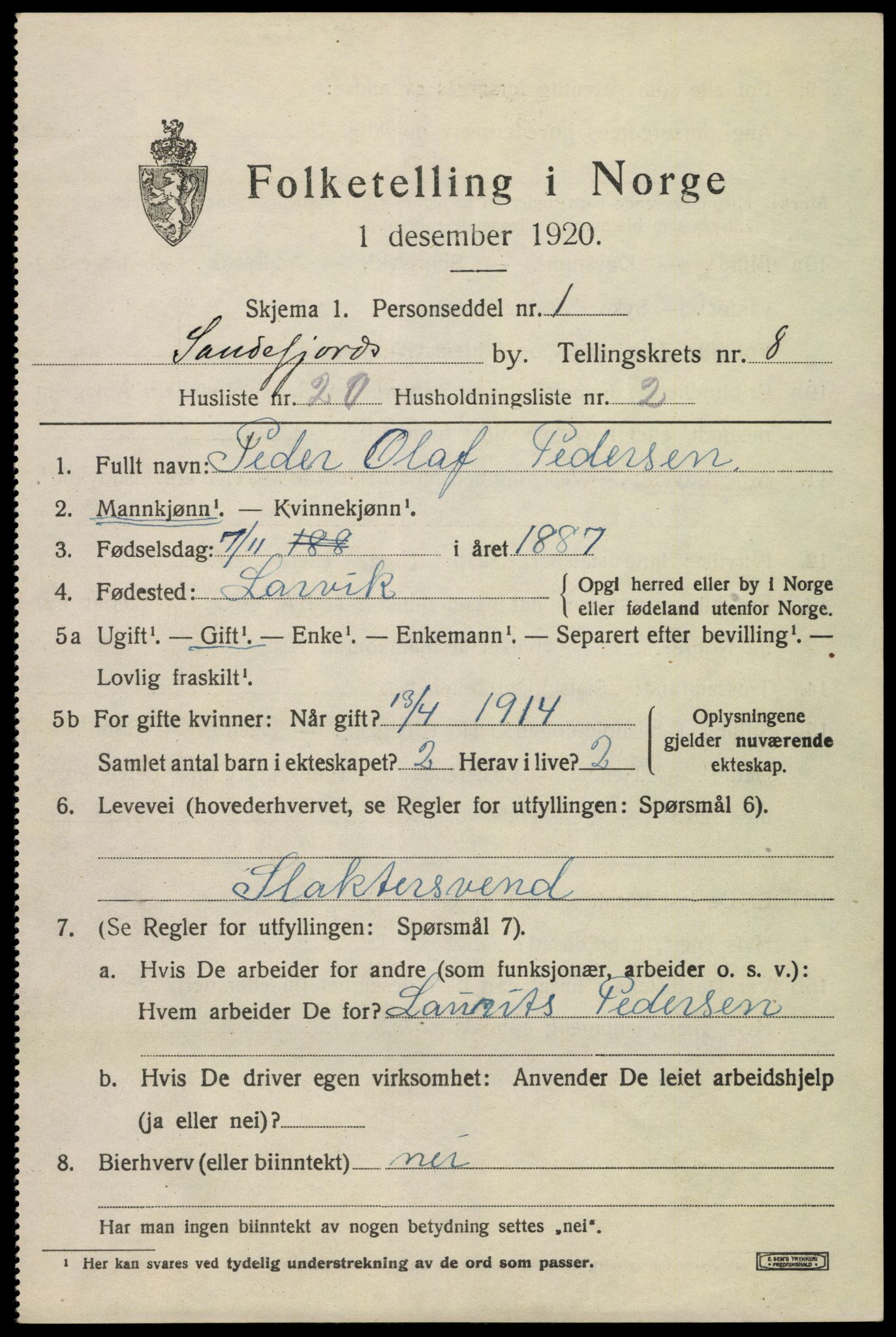 SAKO, 1920 census for Sandefjord, 1920, p. 12052