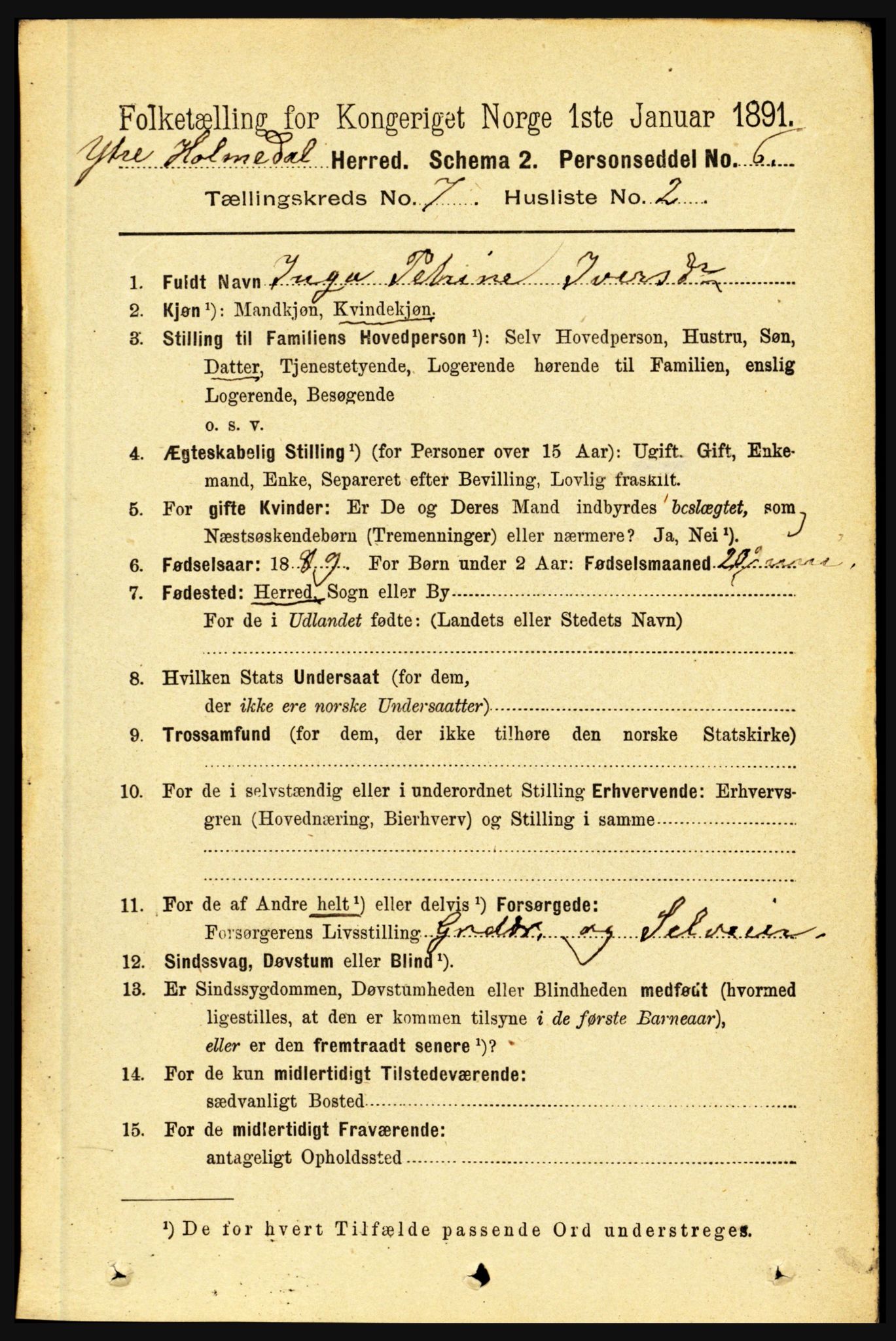 RA, 1891 census for 1429 Ytre Holmedal, 1891, p. 1601