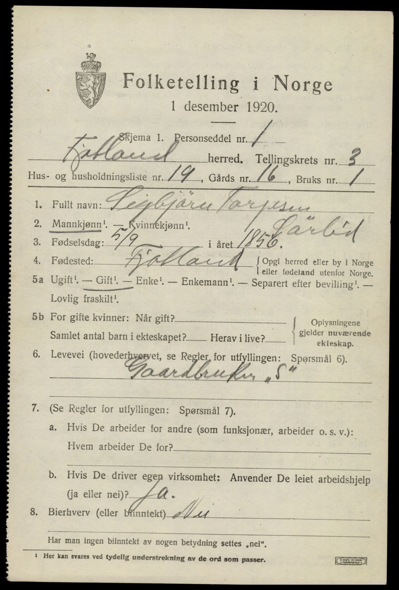 SAK, 1920 census for Fjotland, 1920, p. 1180