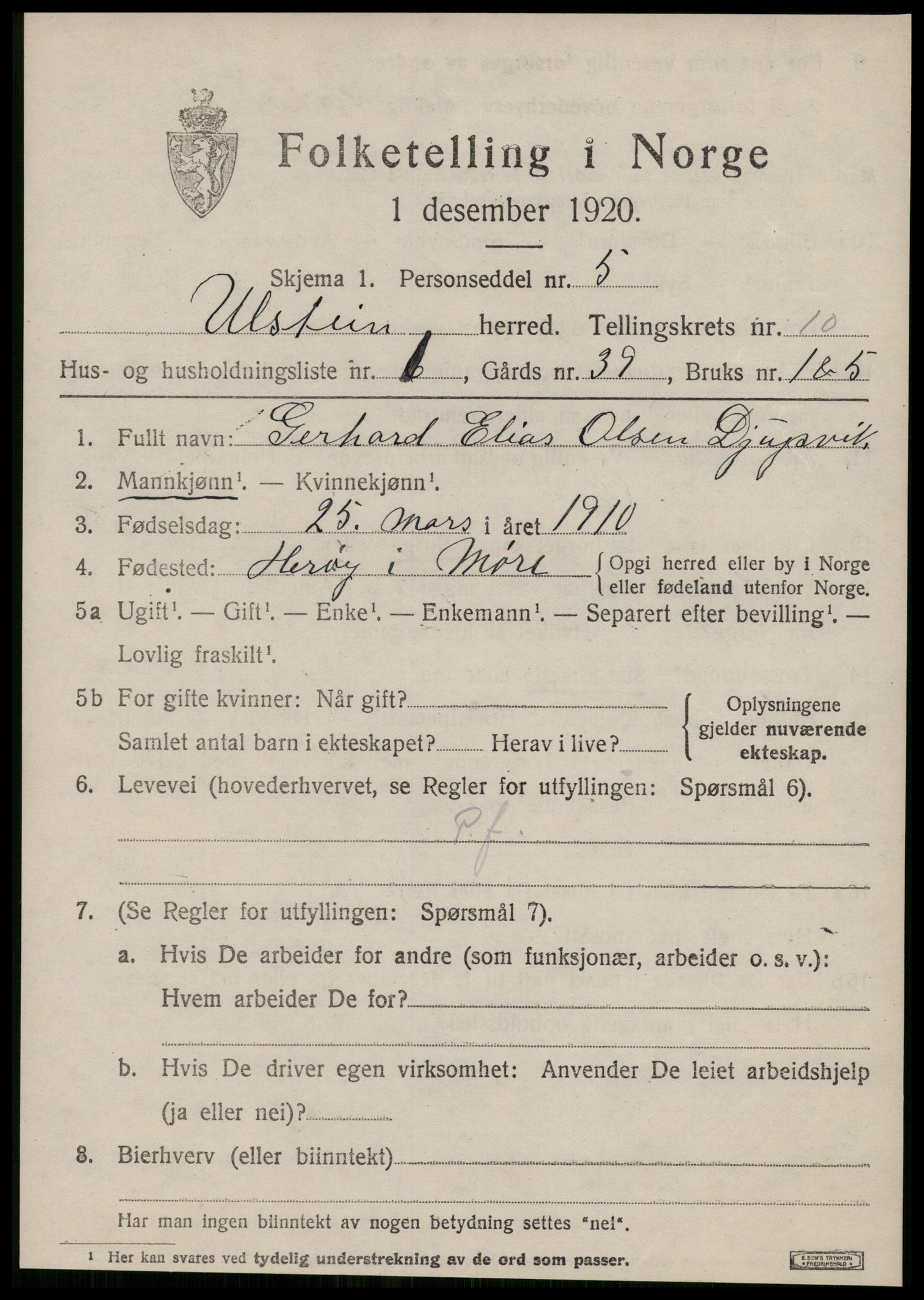 SAT, 1920 census for Ulstein, 1920, p. 5322