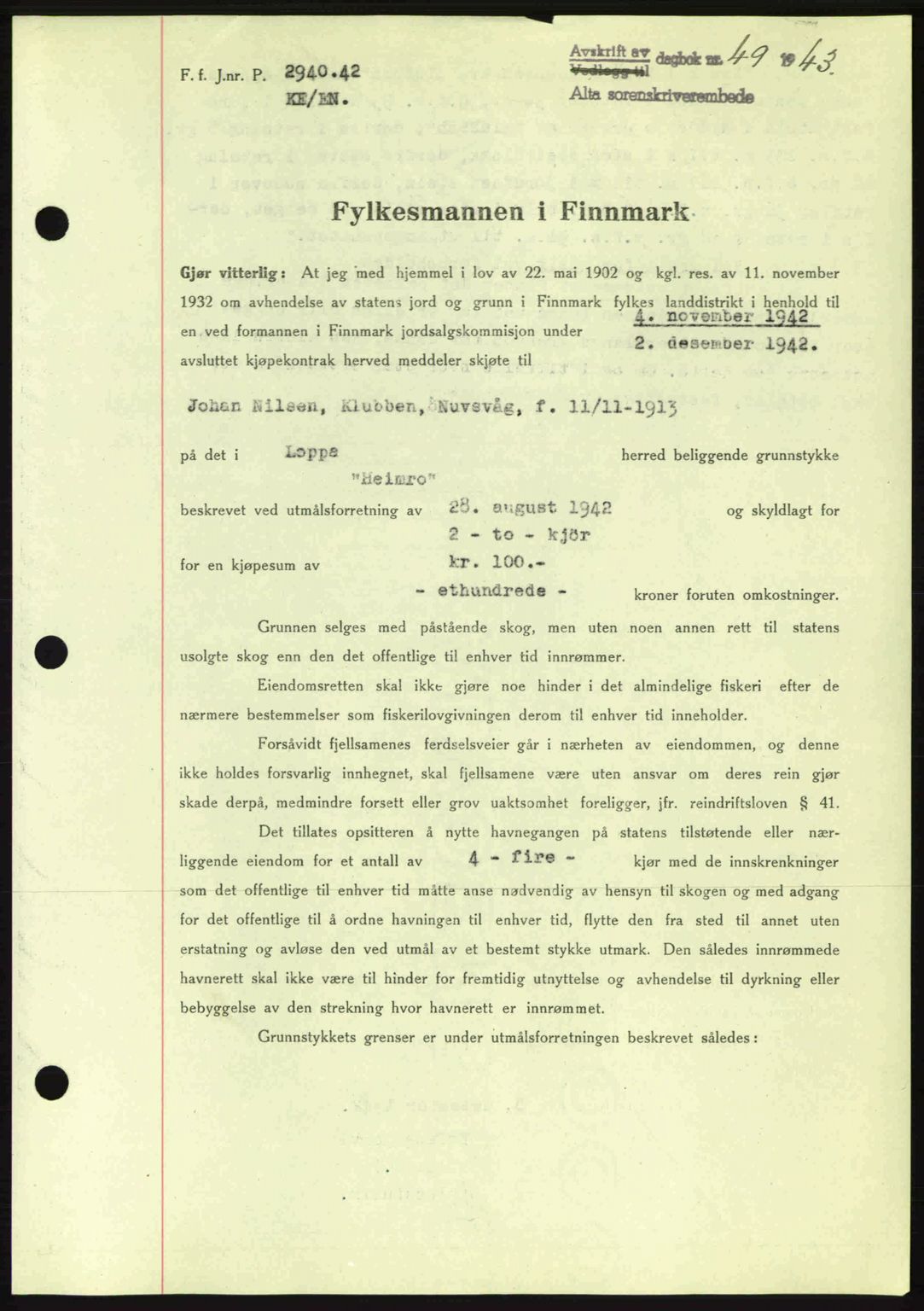 Alta fogderi/sorenskriveri, SATØ/SATØ-5/1/K/Kd/L0033pantebok: Mortgage book no. 33, 1940-1943, Diary no: : 49/1943