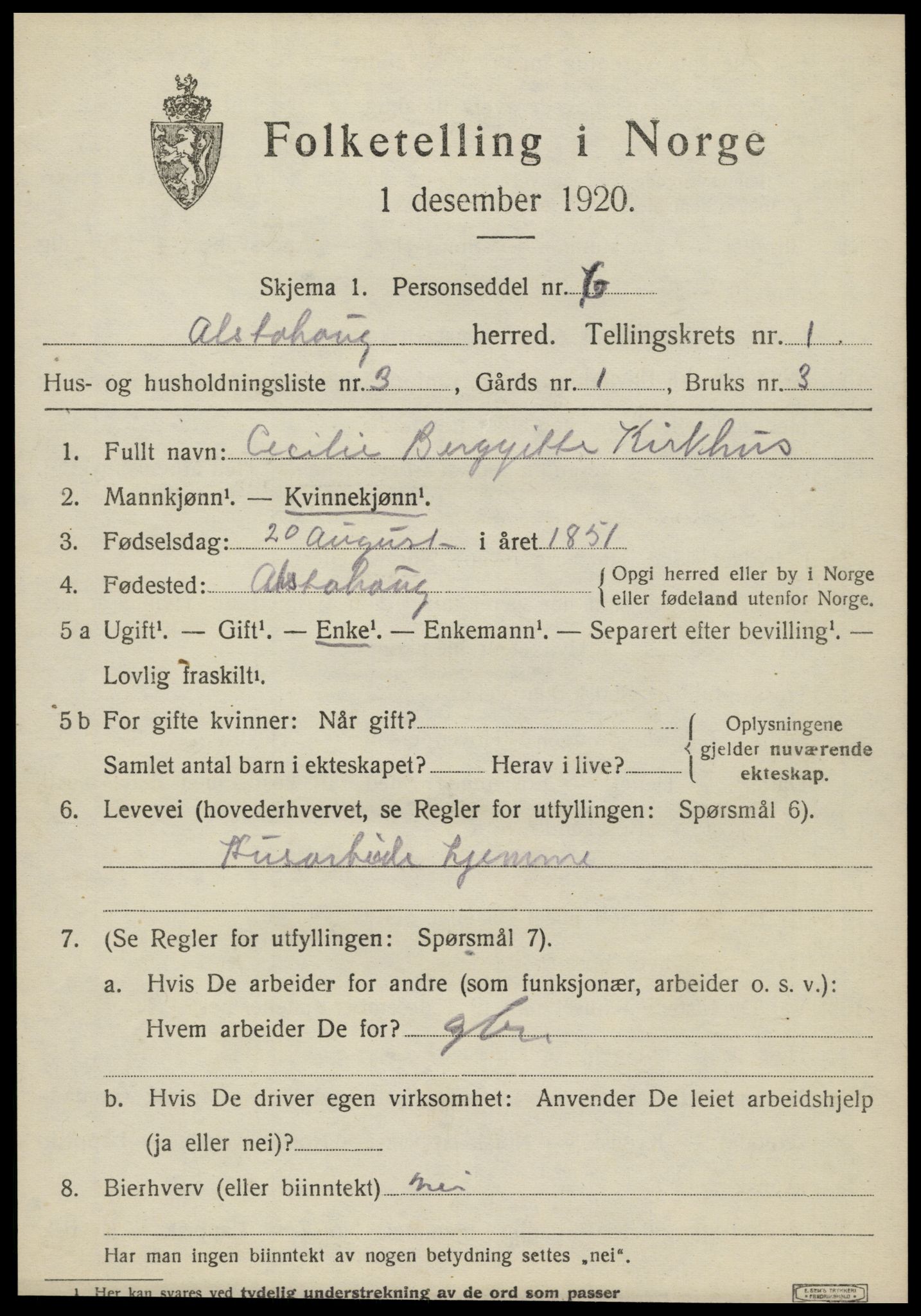 SAT, 1920 census for Alstahaug, 1920, p. 607