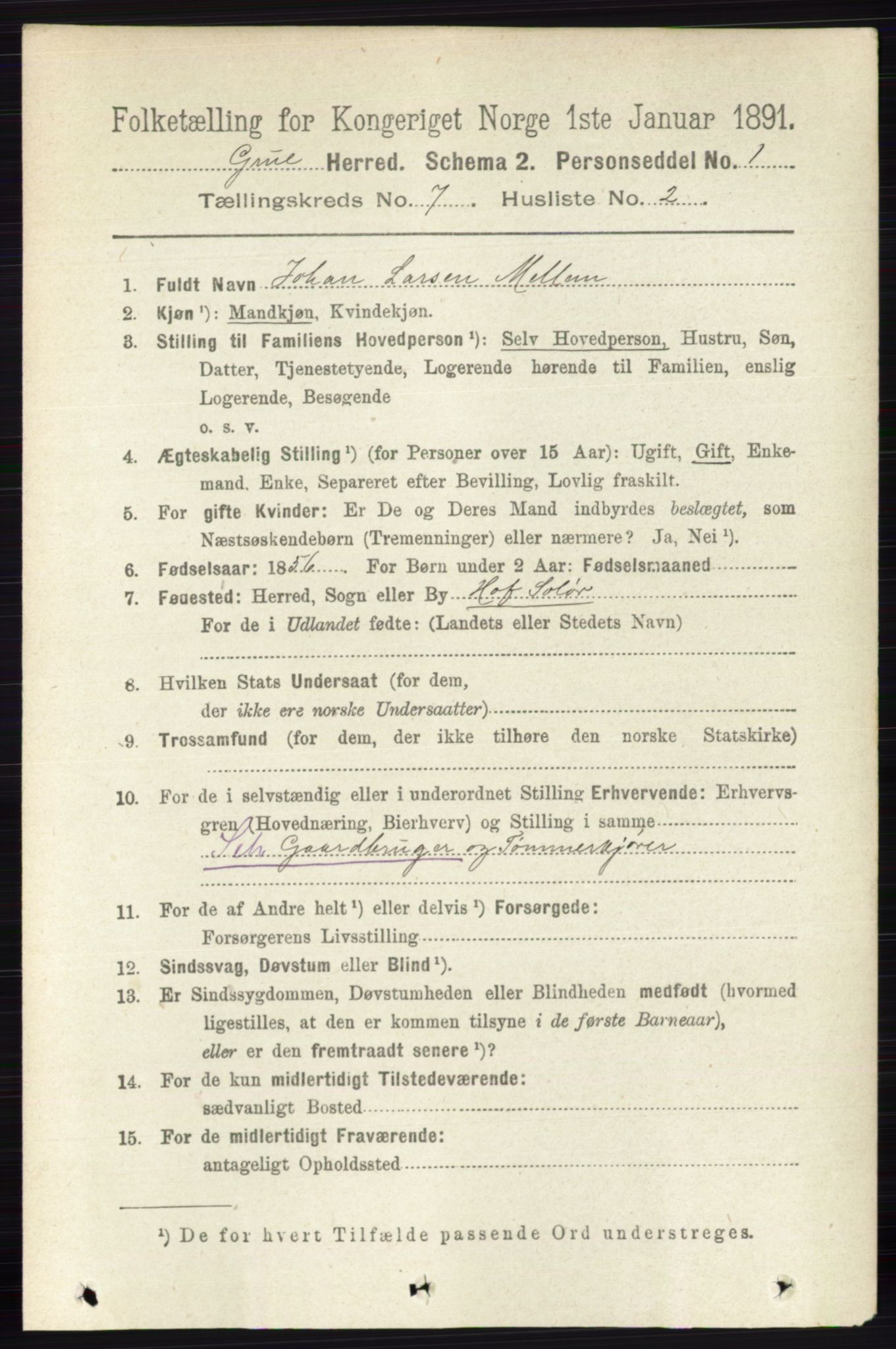 RA, 1891 census for 0423 Grue, 1891, p. 3575